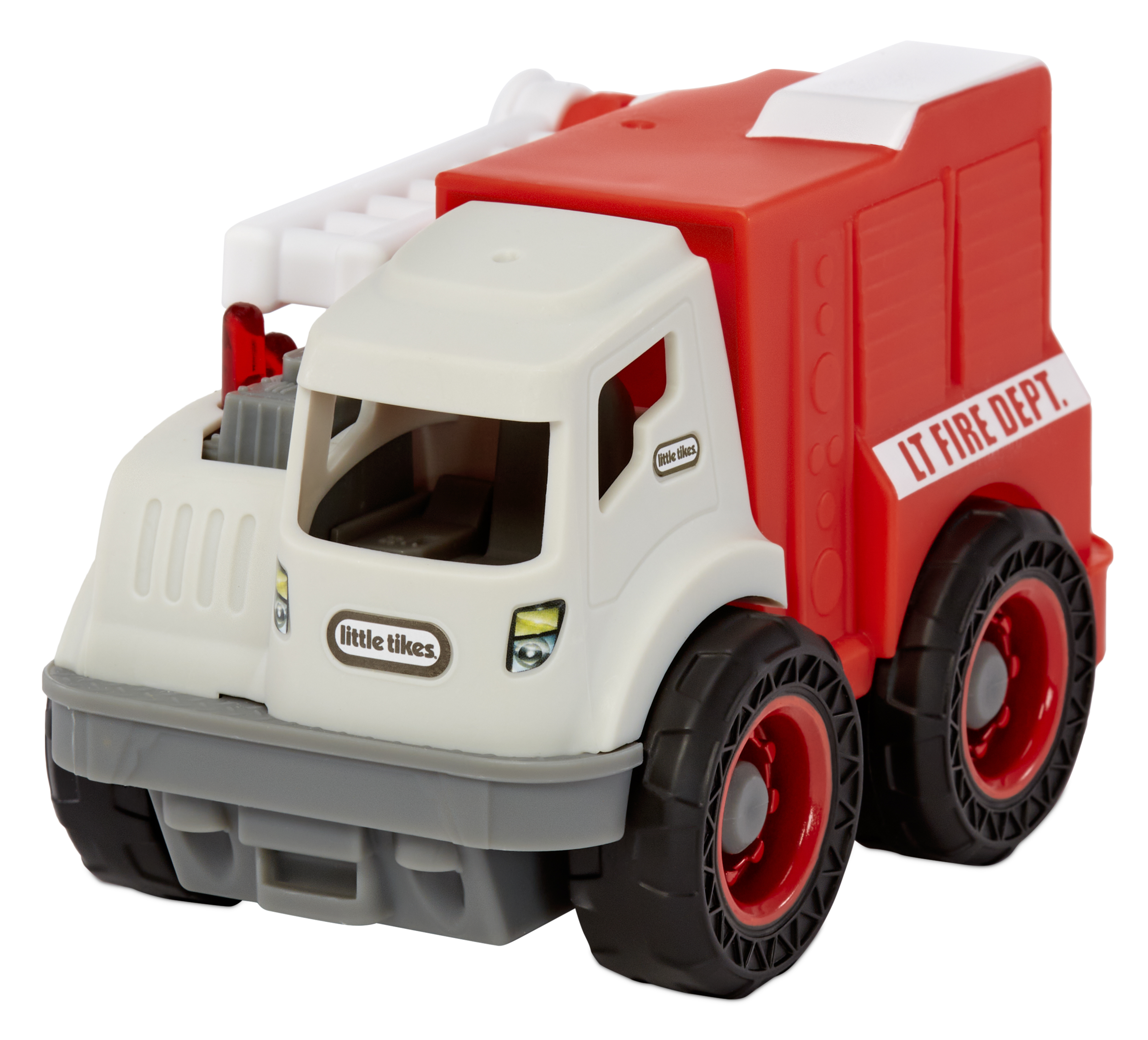 Ein weißer und roter Spielzeug-Feuerwehrwagen mit einer Leiter. Es hat schwarze Räder und die Worte "LT FIRE DEPT" an der Seite.