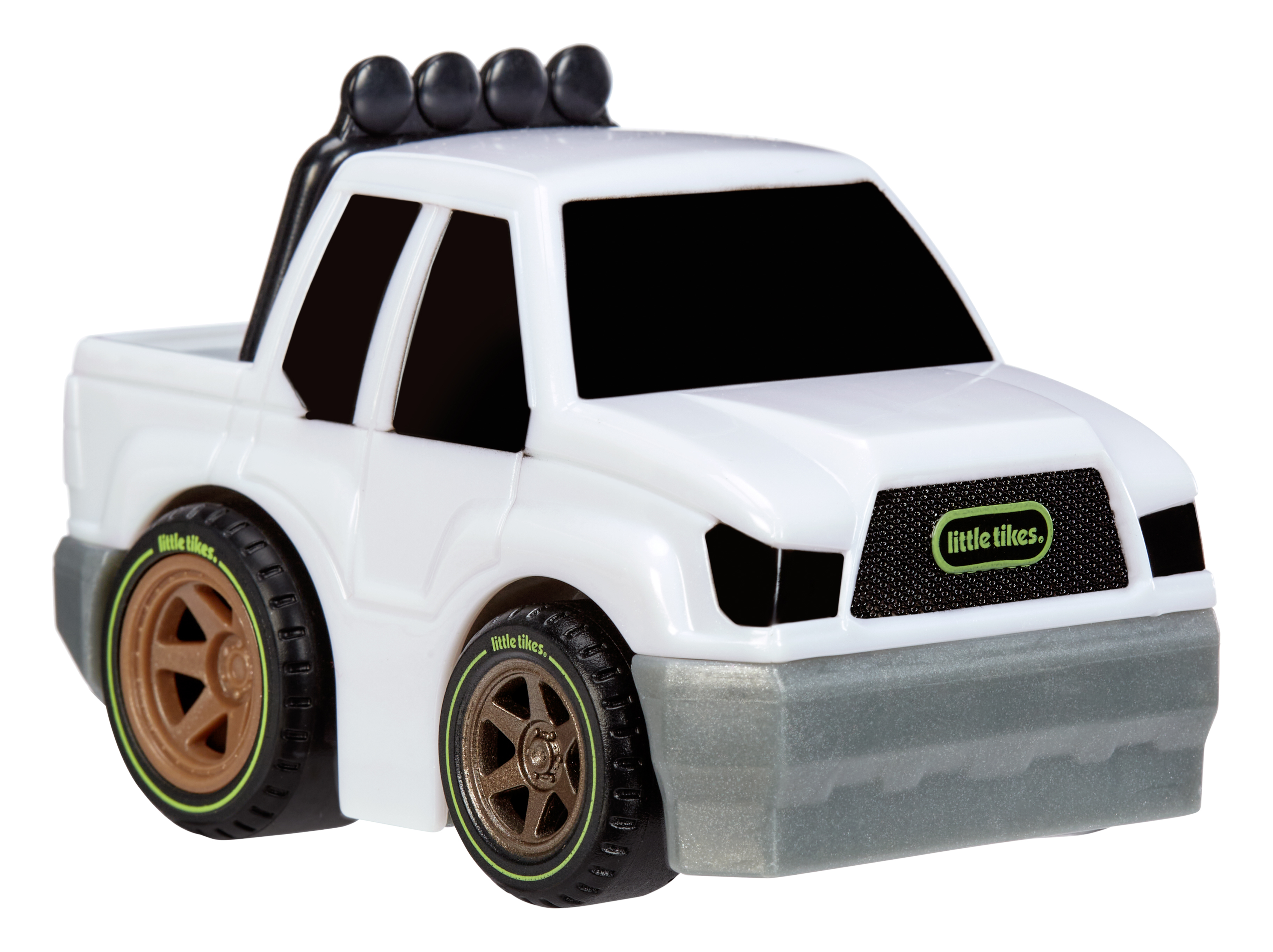 Biała zabawka ciężarówka z czarnymi oknami i szarym zderzakiem, widok z przodu.