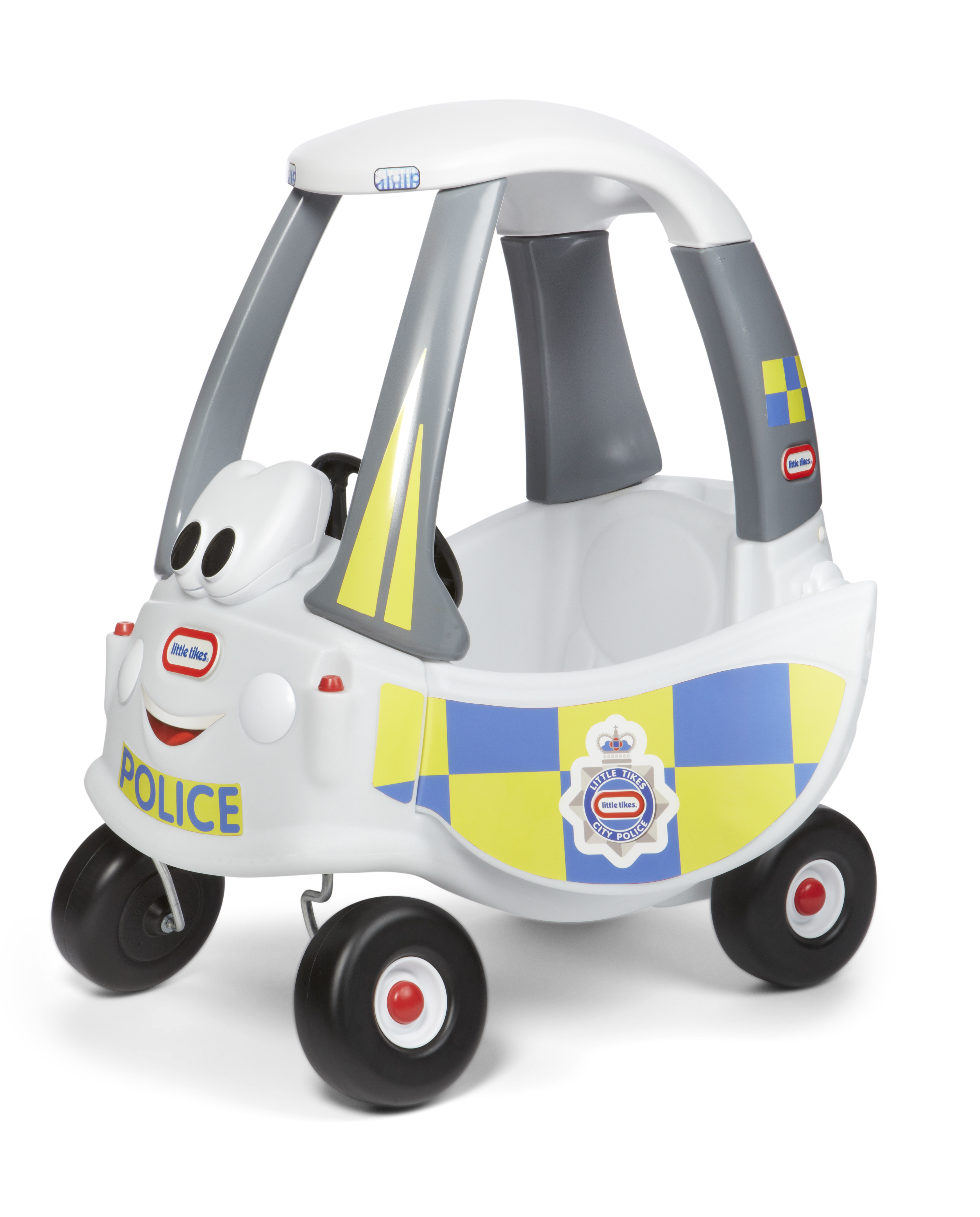 Un'auto della polizia Little Tikes bianca con un viso sorridente, pneumatici neri e dettagli blu e gialli.