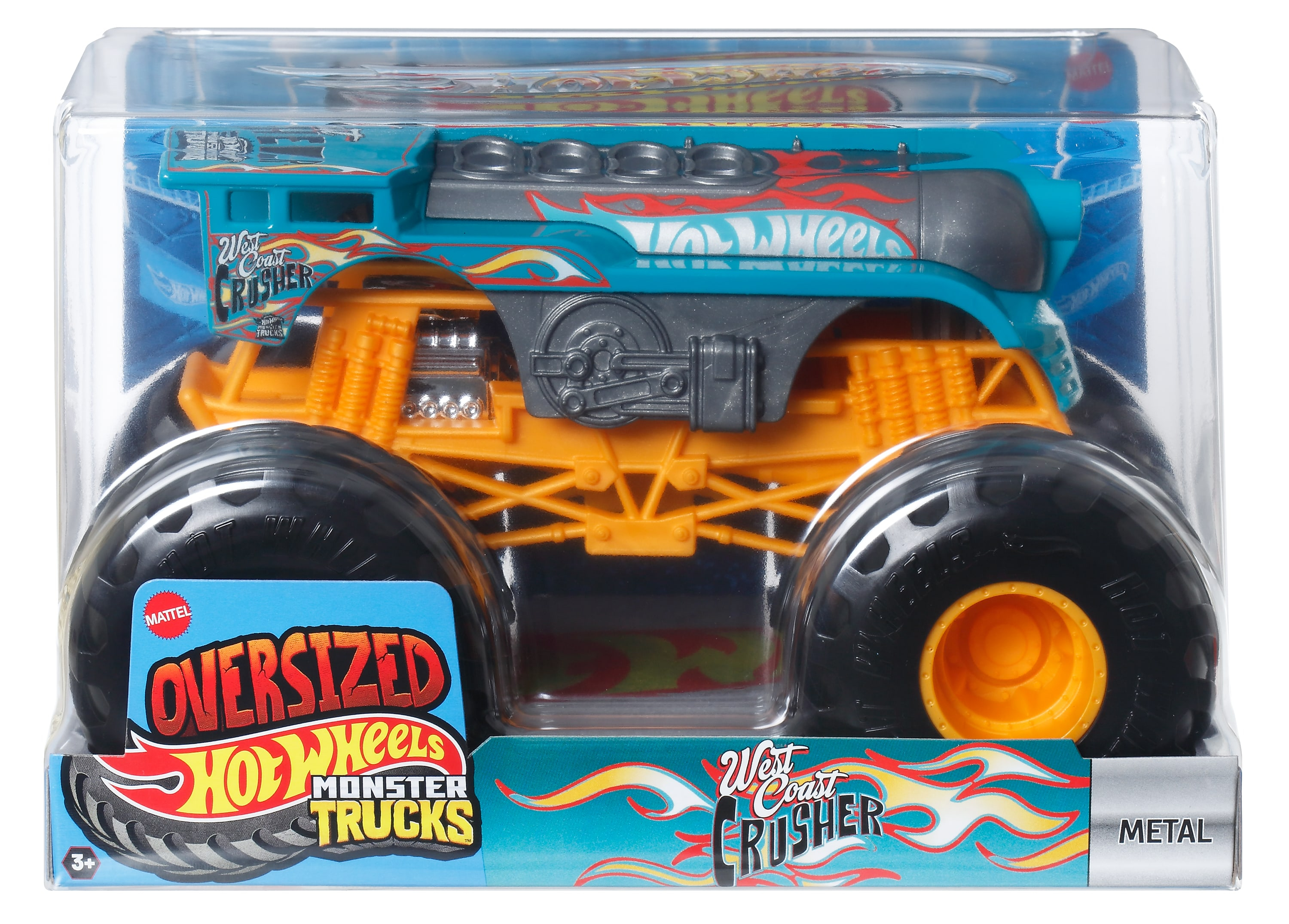 Niebiesko-pomarańczowy Hot Wheels Monster Truck w plastikowym opakowaniu, z płomieniami i tekstem.