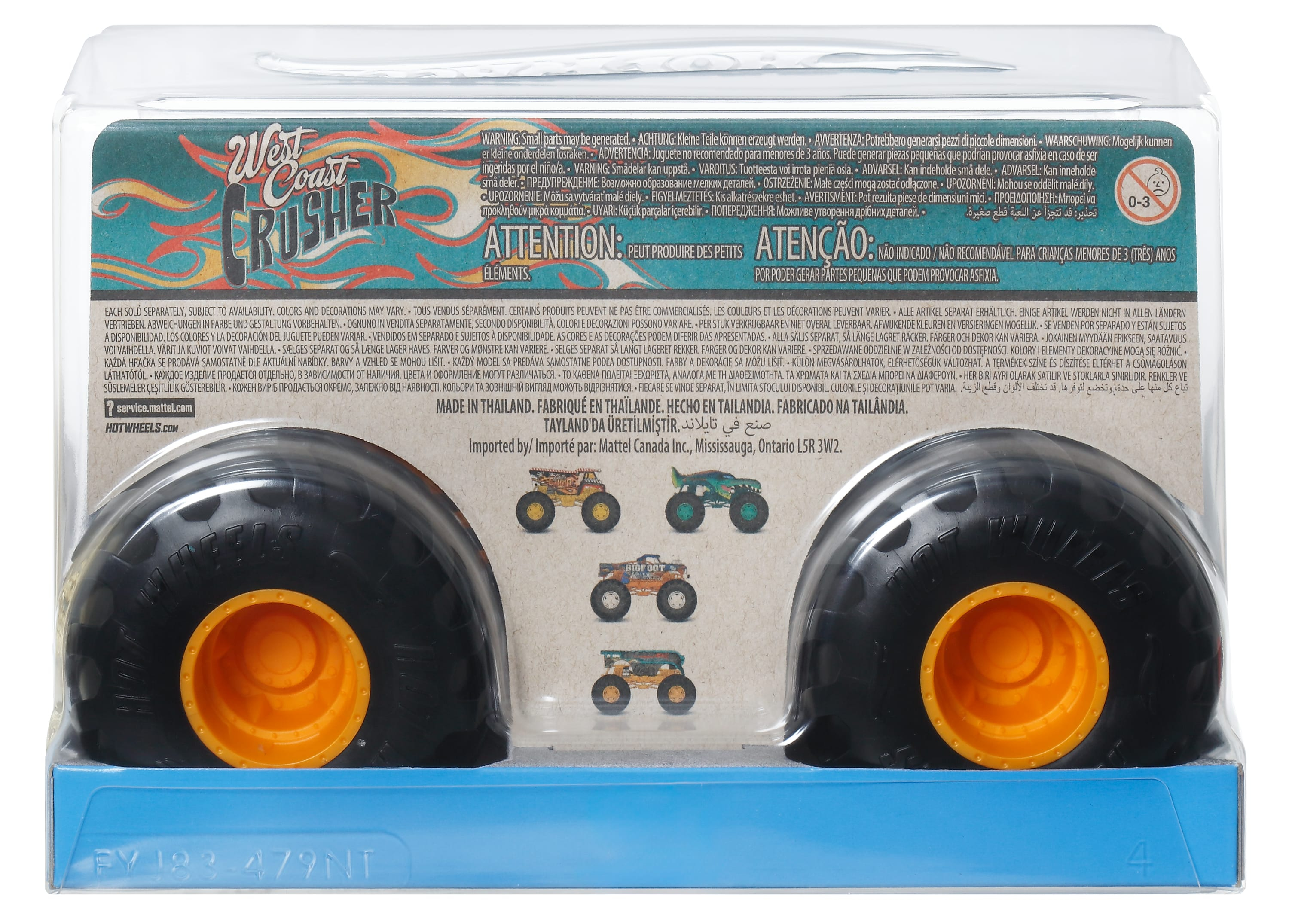 Widok z tyłu opakowanego zestawu kół Hot Wheels Monster Truck, z tekstem i obrazami ciężarówek.