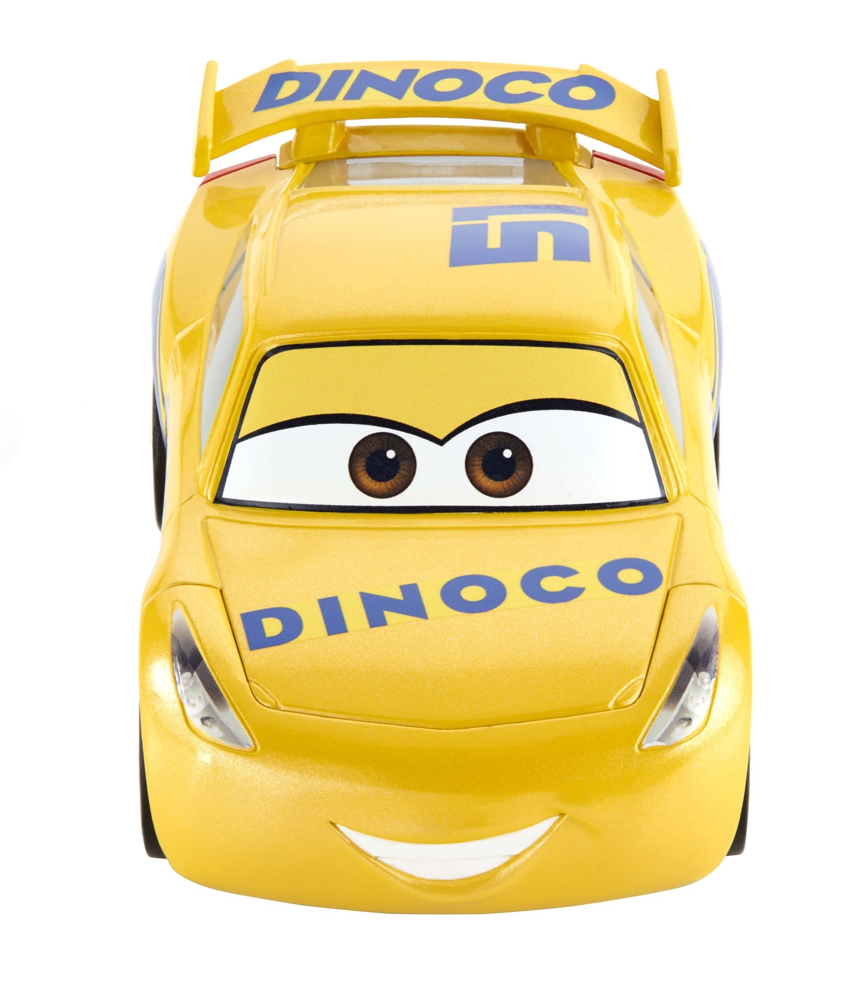 Żółty samochodzik wyścigowy Dinoco z niebieskimi detalami i numerem 5. Ma duże oczy i uśmiechniętą twarz.