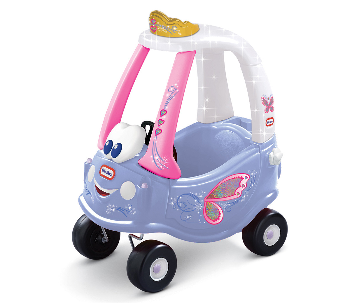 Macchina giocattolo viola con corona, faccia sorridente e design a farfalla. Una bambina è seduta dentro.