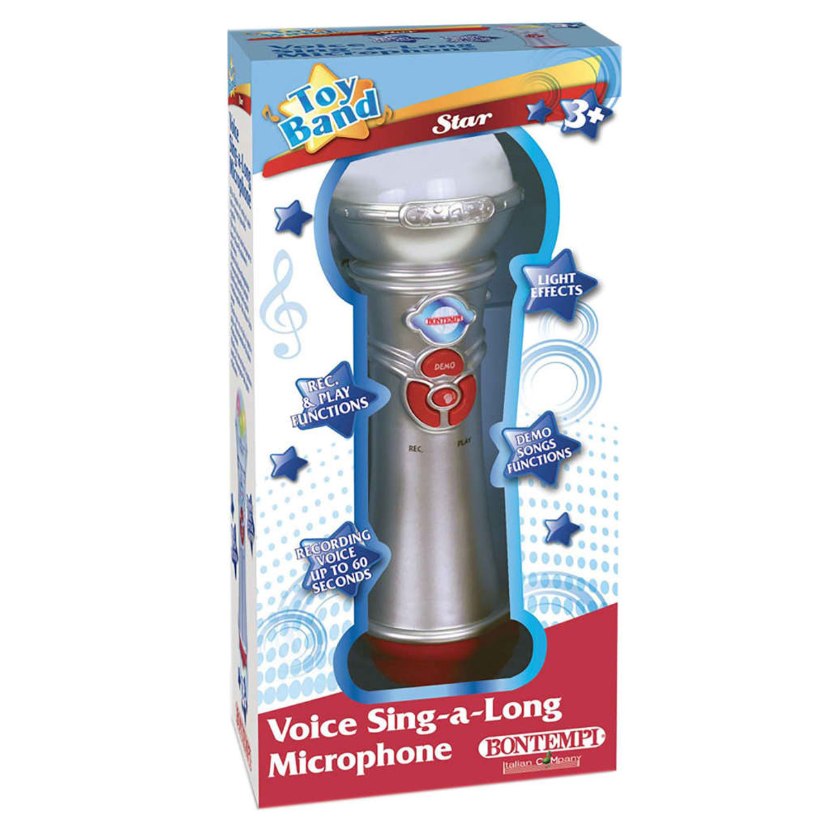 Spielzeugmikrofon in einer Box. Die Box sagt 'Voice Sing-a-Long Microphone' mit Lichteffekten.