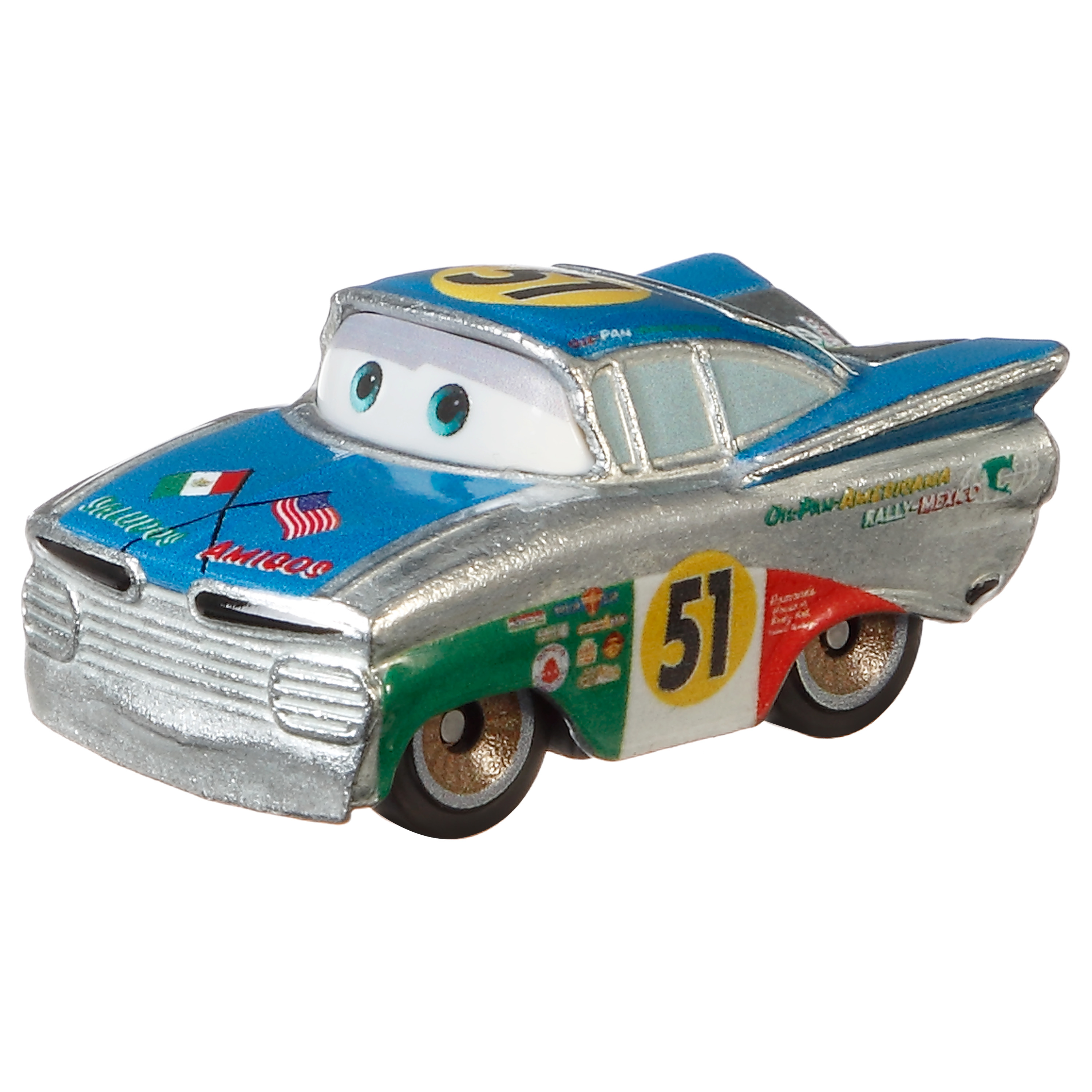 Un coche de juguete plateado y azul con el número 51 amarillo. Es un coche de carreras y tiene banderas.