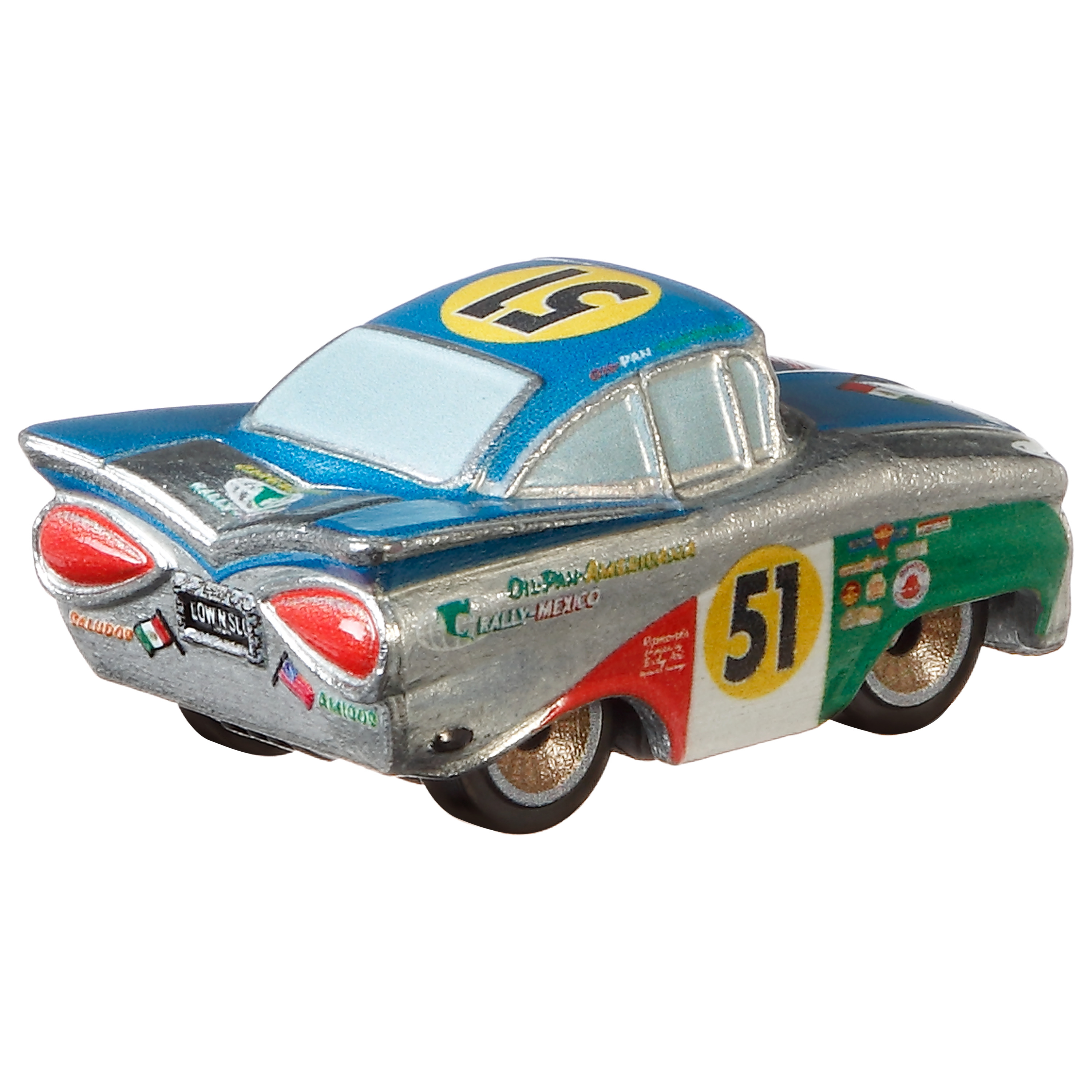 Coche de juguete azul y plateado con el número 51 y banderas en la parte trasera.