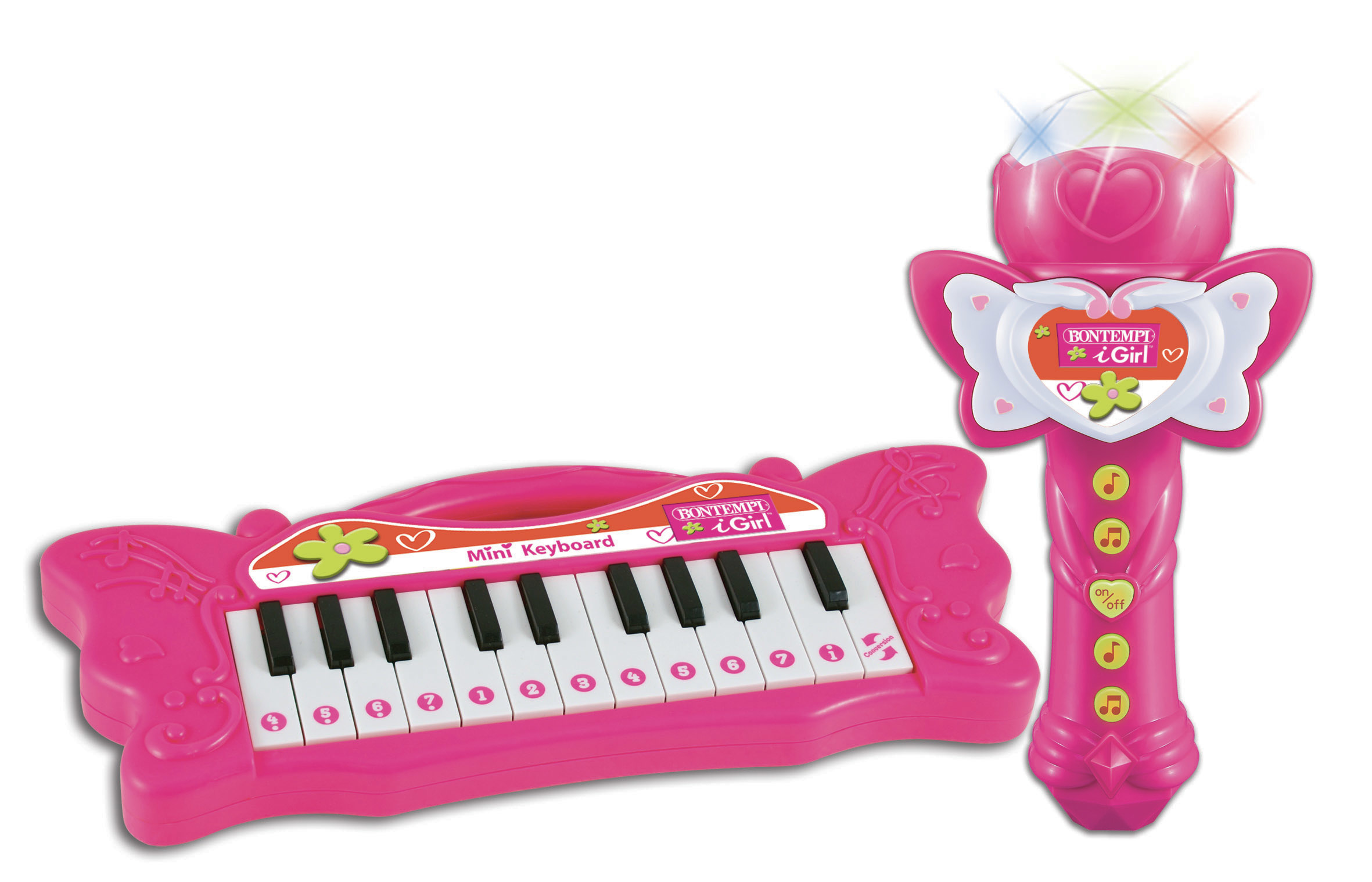 Rosa Spielzeugkeyboard und Mikrofon mit Lichtern. Keyboard hat schwarze Tasten und ein rosa Gehäuse.