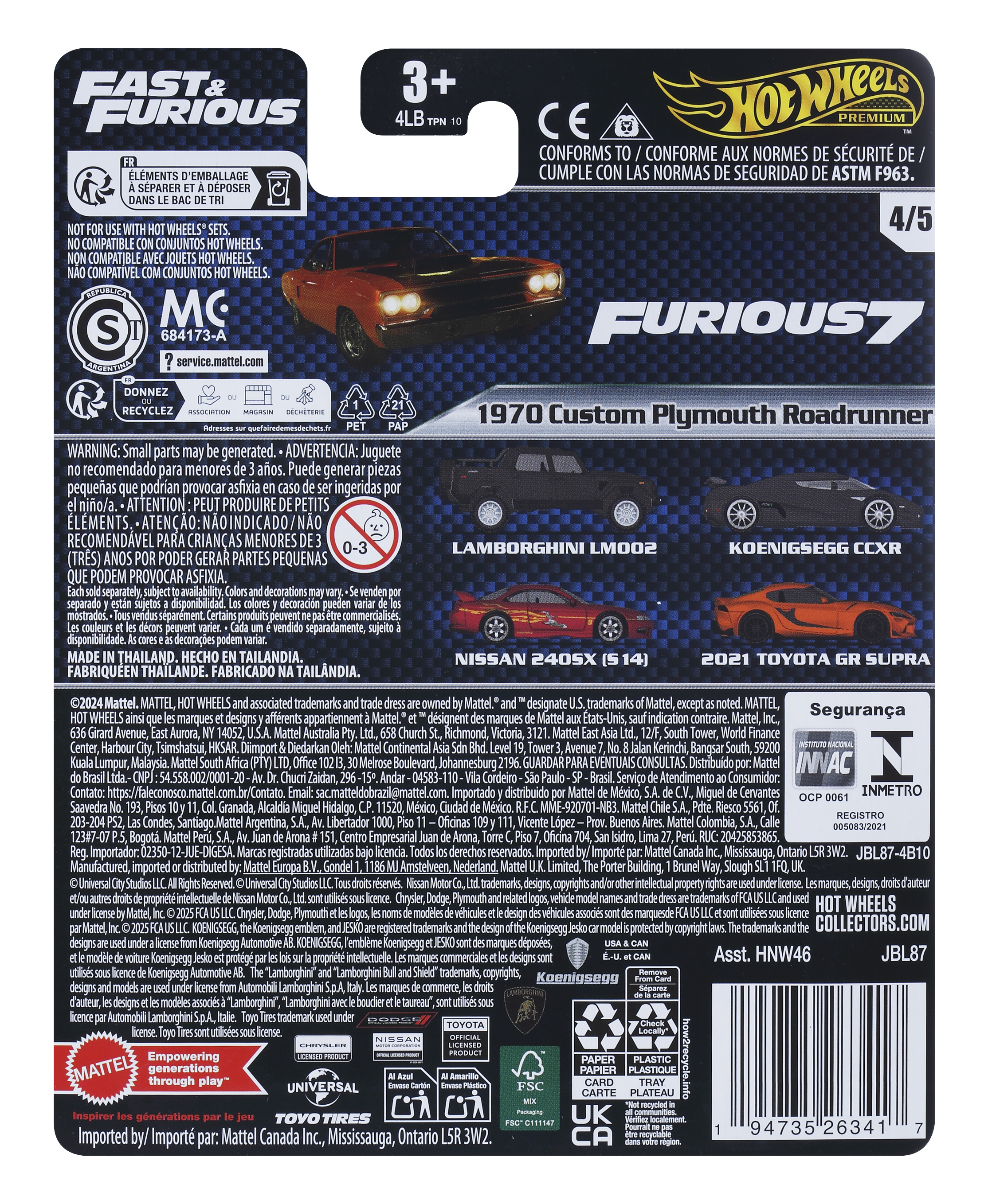 Rückseite der Hot Wheels Fast & Furious 7 Verpackung mit Spielzeugautos und Warnungen.