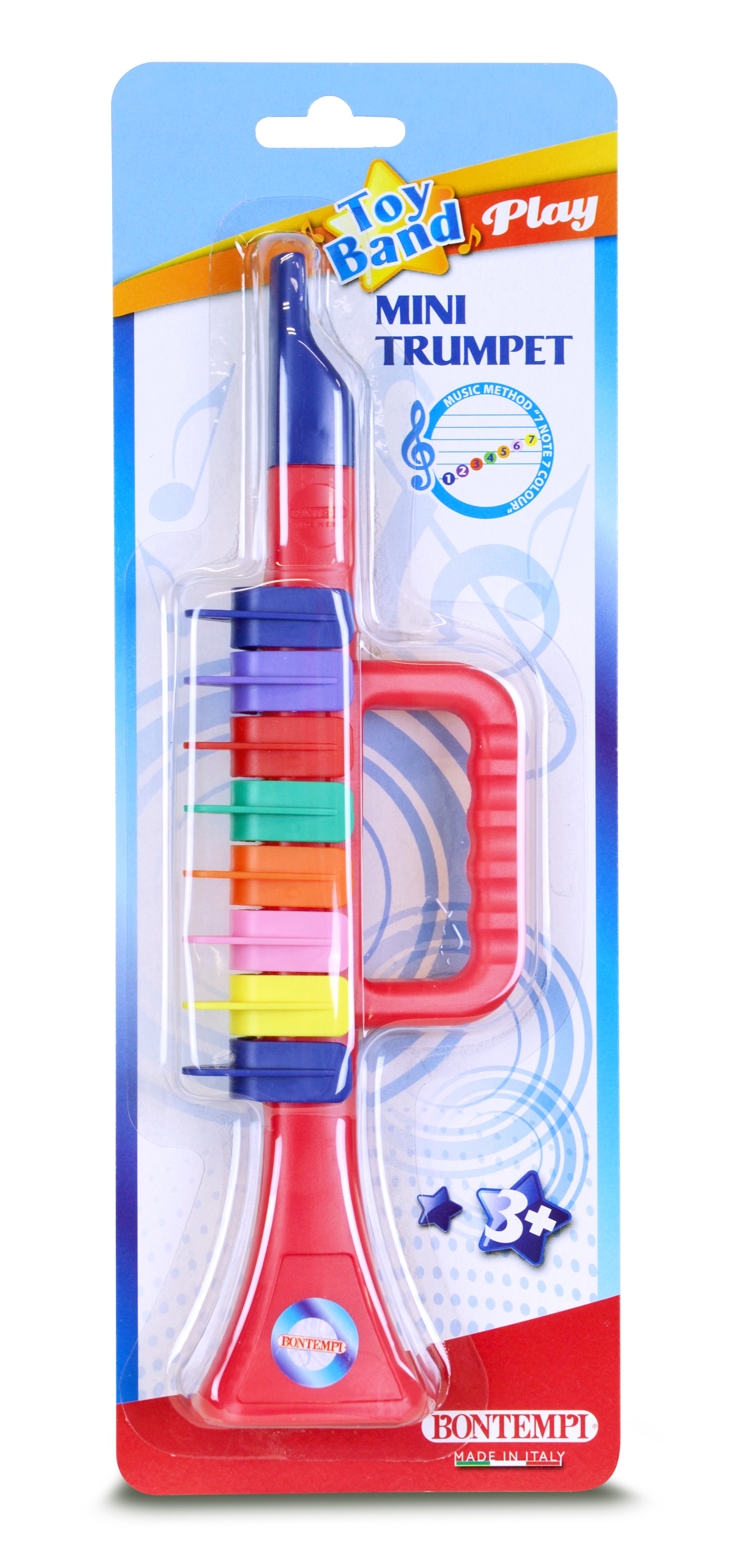 Spielzeugtrompete in Verpackung. Rot, blau, lila, grün, orange, pink, gelb, klarer Kunststoff.