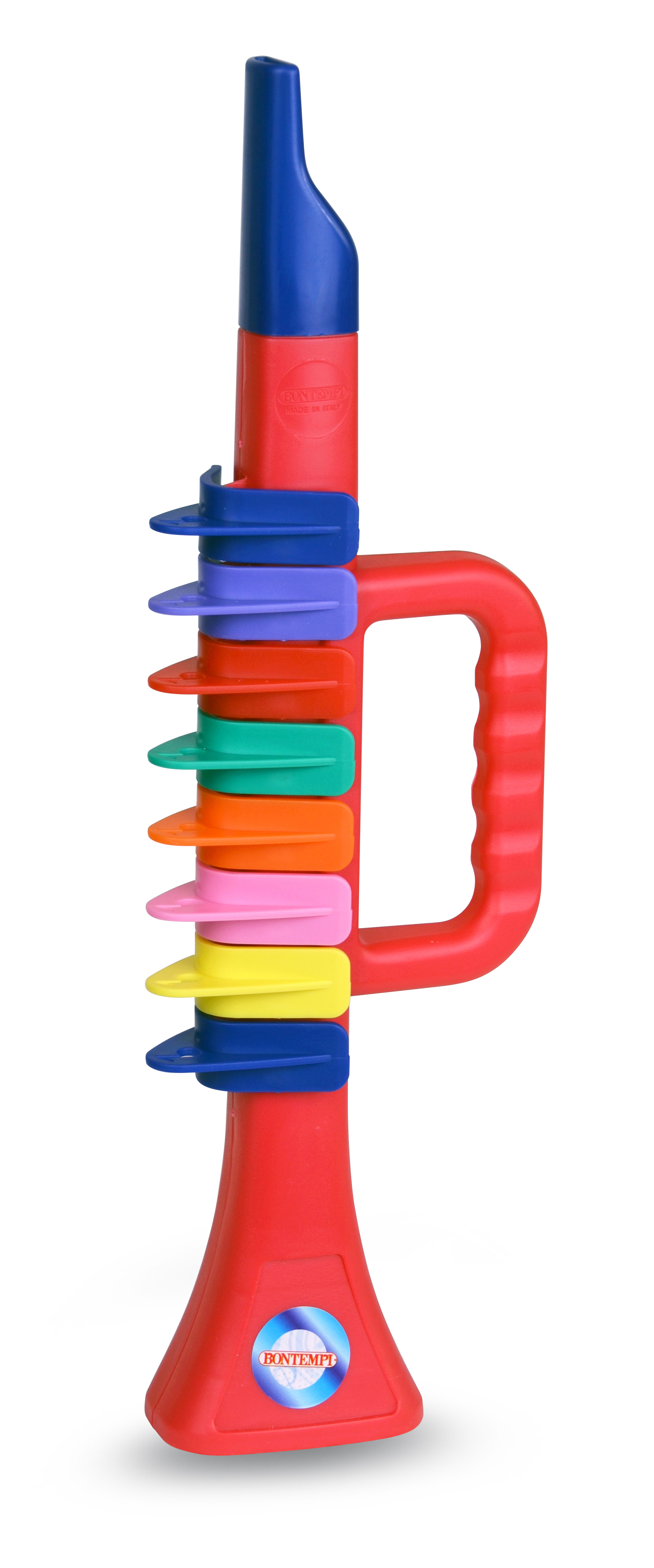 Spielzeugtrompete. Rot mit blau, lila, pink, orange, grün, gelb, klarem Kunststoff und Griff.