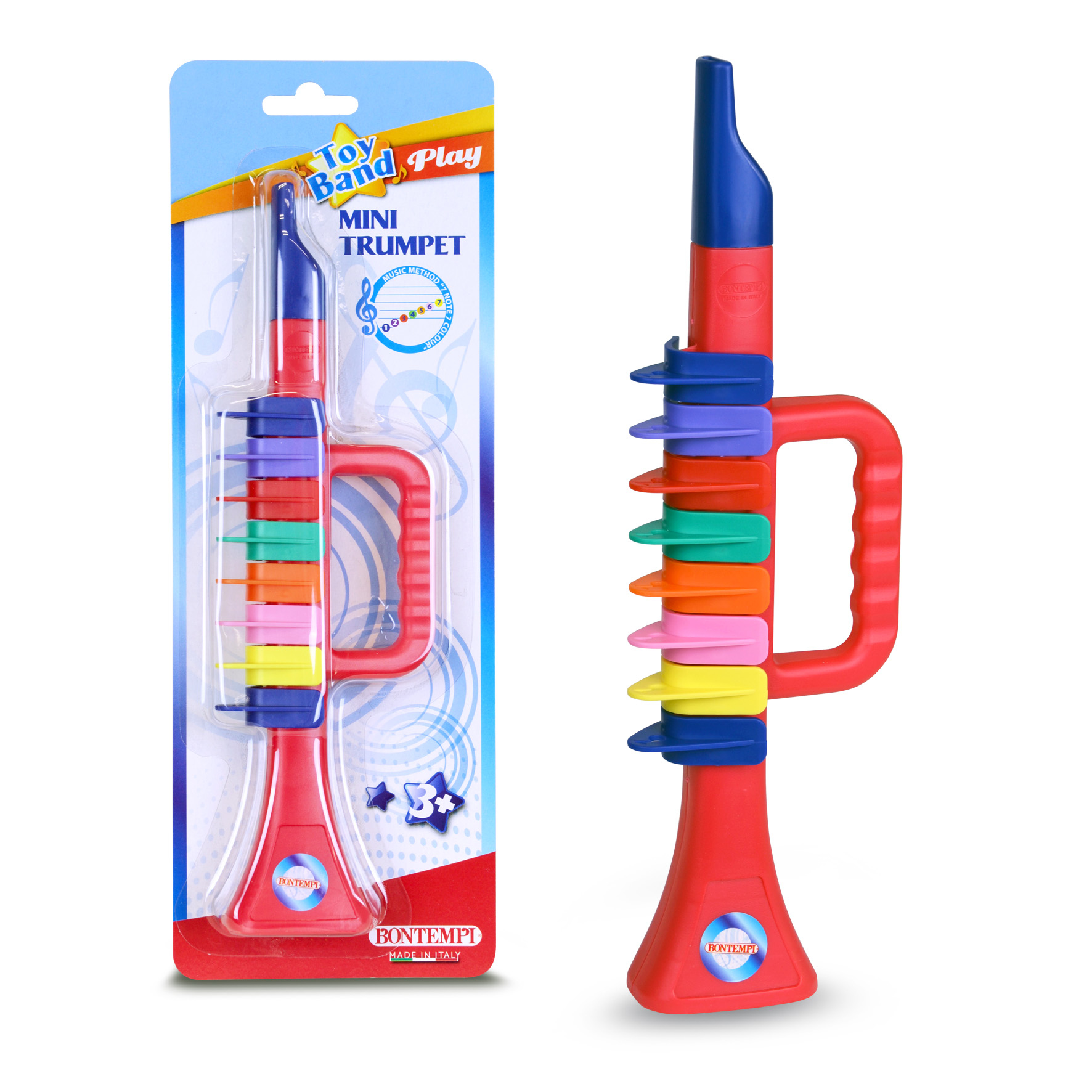 Zwei Spielzeugtrompeten in Verpackung. Rot, blau, lila, grün, orange, pink, gelb, klarer Kunststoff.
