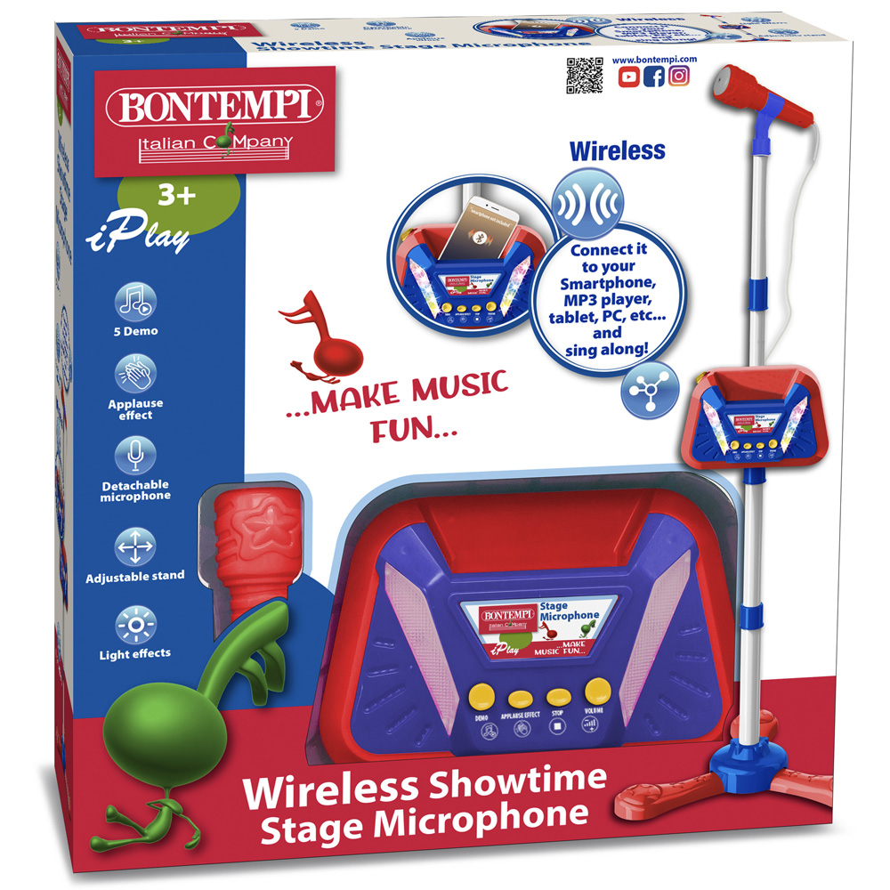 Verpacktes Bontempi Wireless Showtime Bühnenmikrofon-Set mit Mikrofon und Ständer.