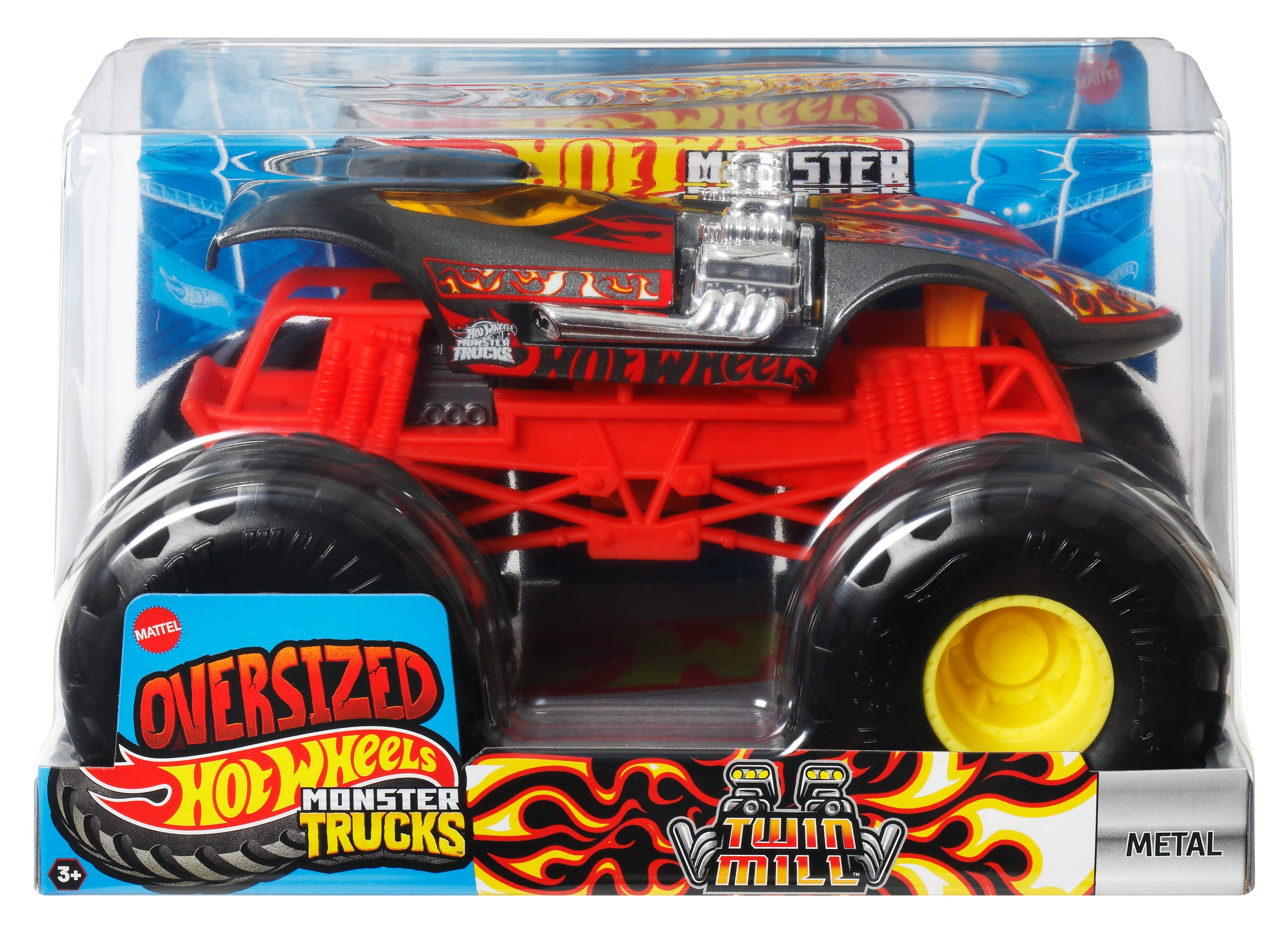Ein Spielzeug-Monster-Truck in der Verpackung. Es ist rot und schwarz mit Flammen-Grafiken.