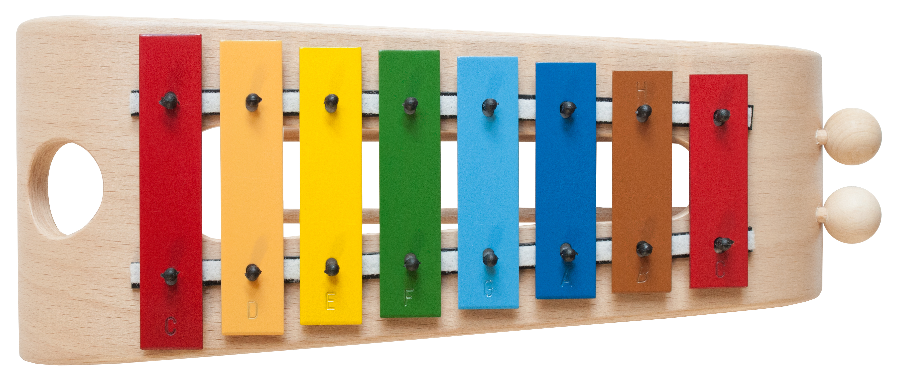 Ein hölzernes Xylophon mit regenbogenfarbenen Tasten. Die Tasten sind mit Noten beschriftet.