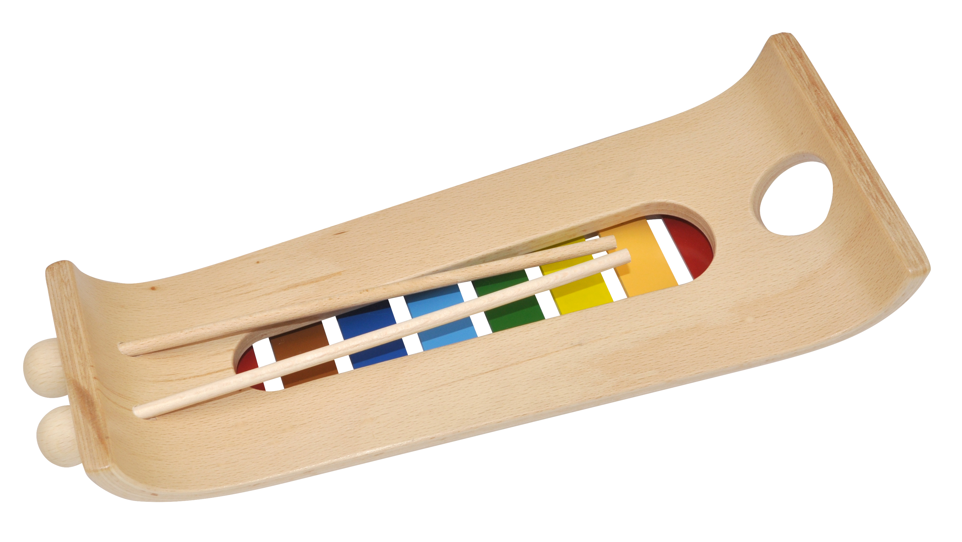 Holz-Xylophon mit bunten Stäben und zwei Holzschlägeln. Die Basis ist aus Holz.