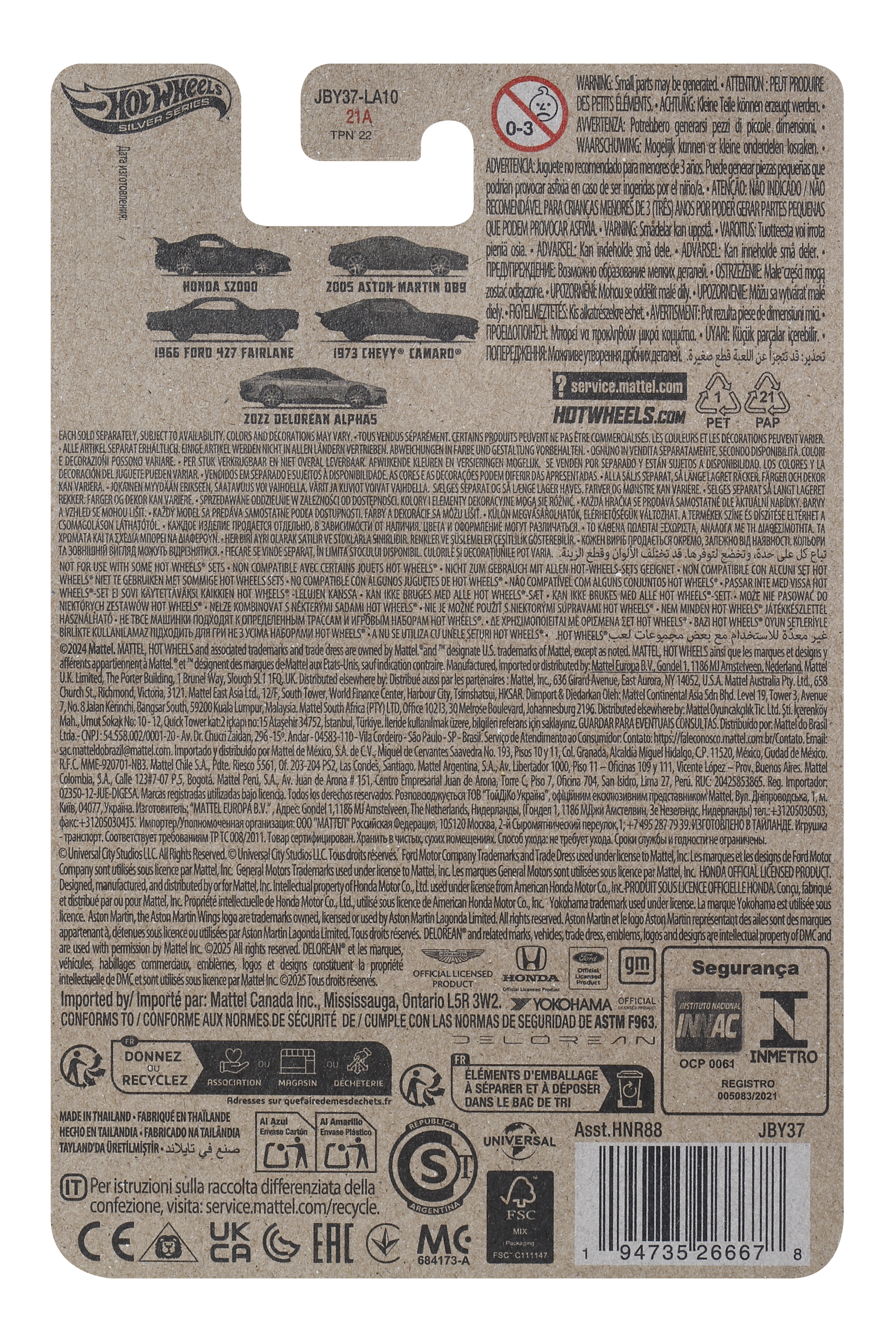 Parte trasera de una tarjeta Hot Wheels con imágenes de coches y texto.