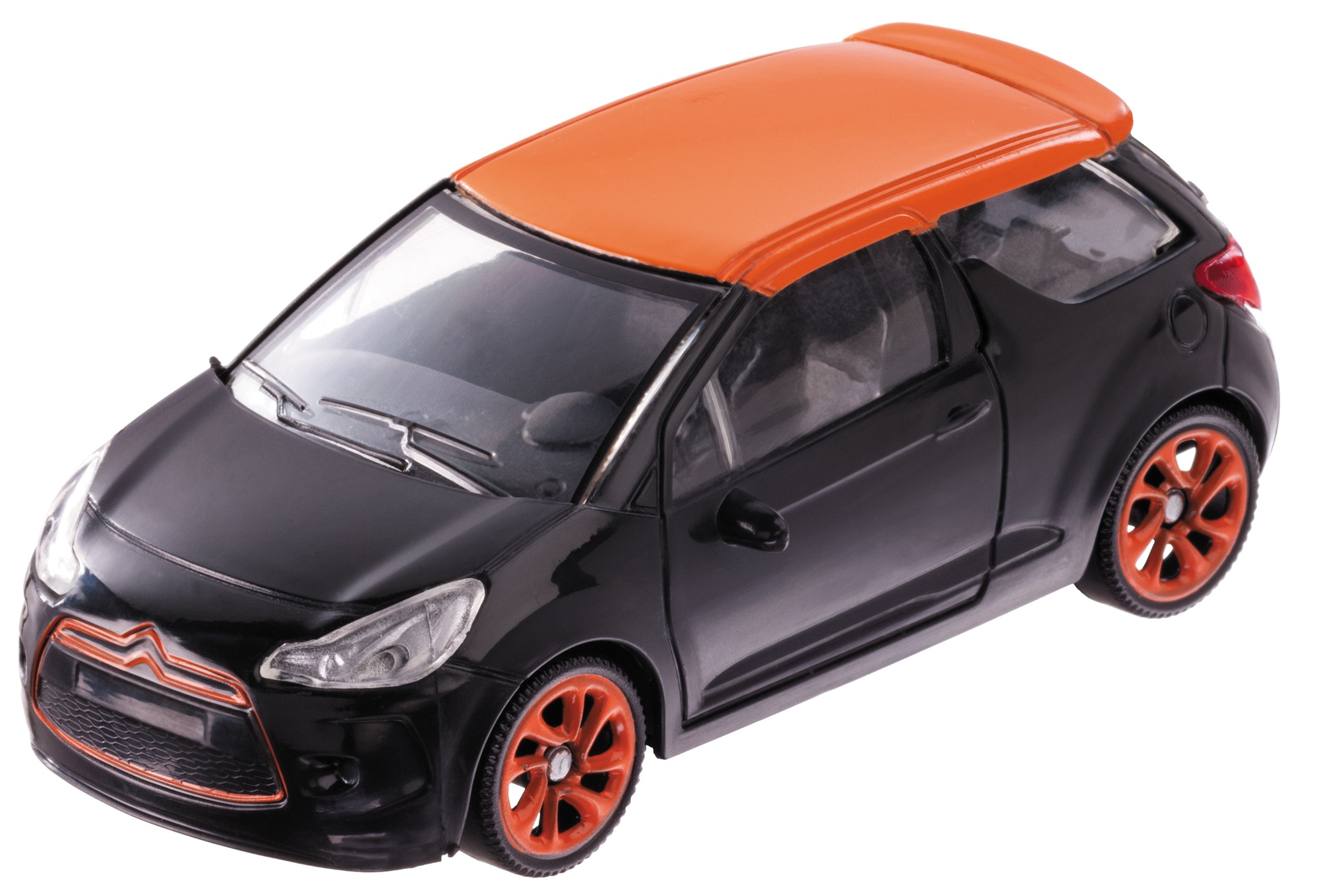 Czarny samochodzik z pomarańczowym dachem i pomarańczowymi kołami. Samochód ma sportowy design.