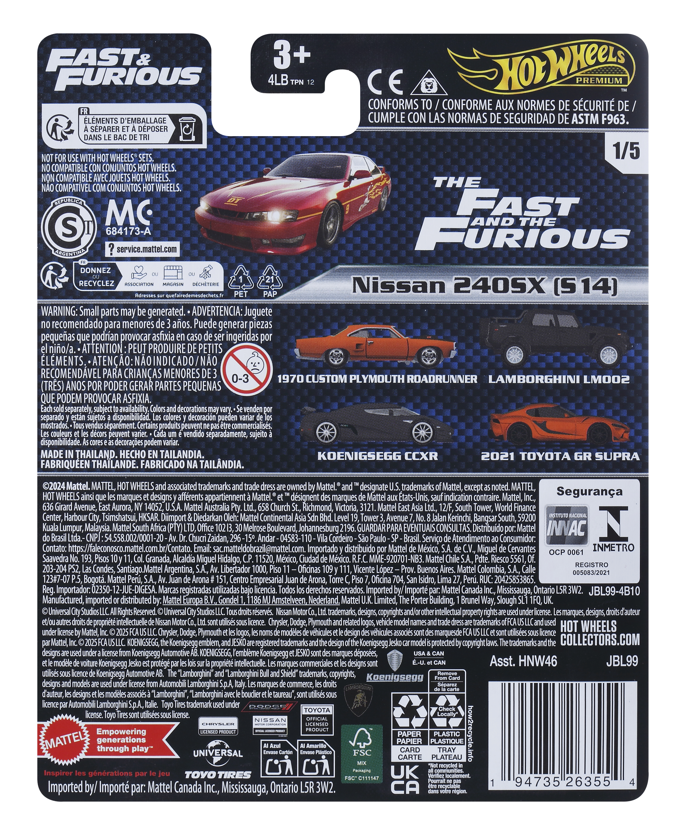 Rückseite einer Spielzeugauto-Verpackung. Autos, Text und Logos sind sichtbar. Weißer Hintergrund.