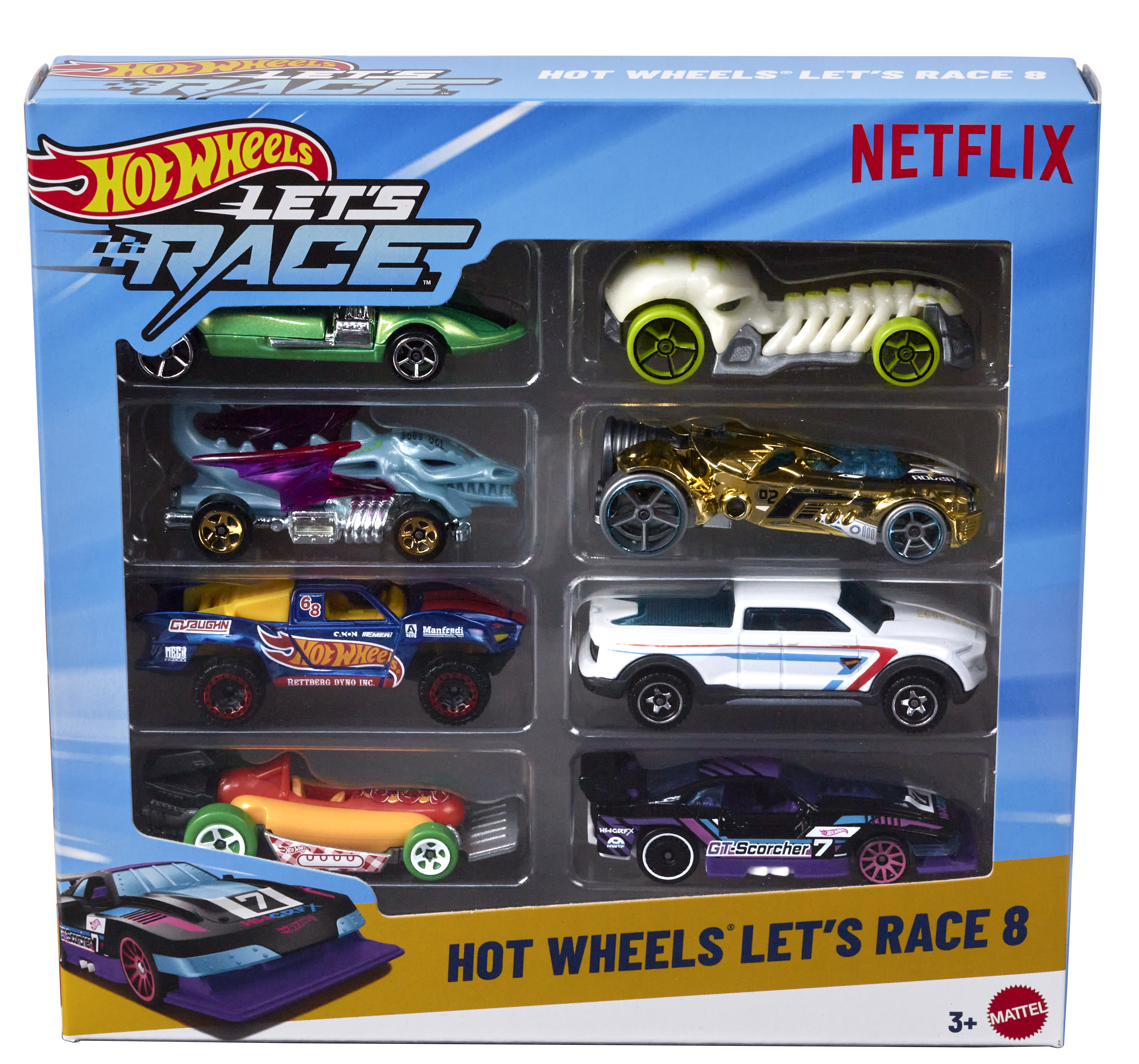 Un juego de caja Hot Wheels con varios coches de juguete. Los coches tienen diferentes colores.