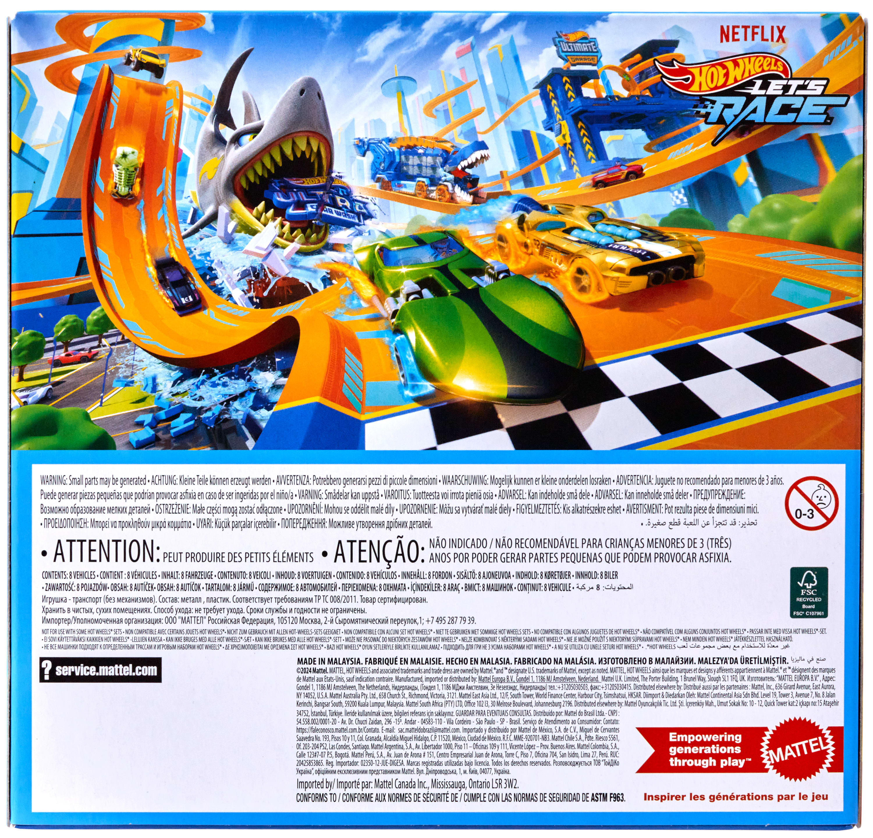 Parte trasera de una caja Hot Wheels con coches de juguete en una pista. La parte superior tiene un diseño similar a un tiburón.