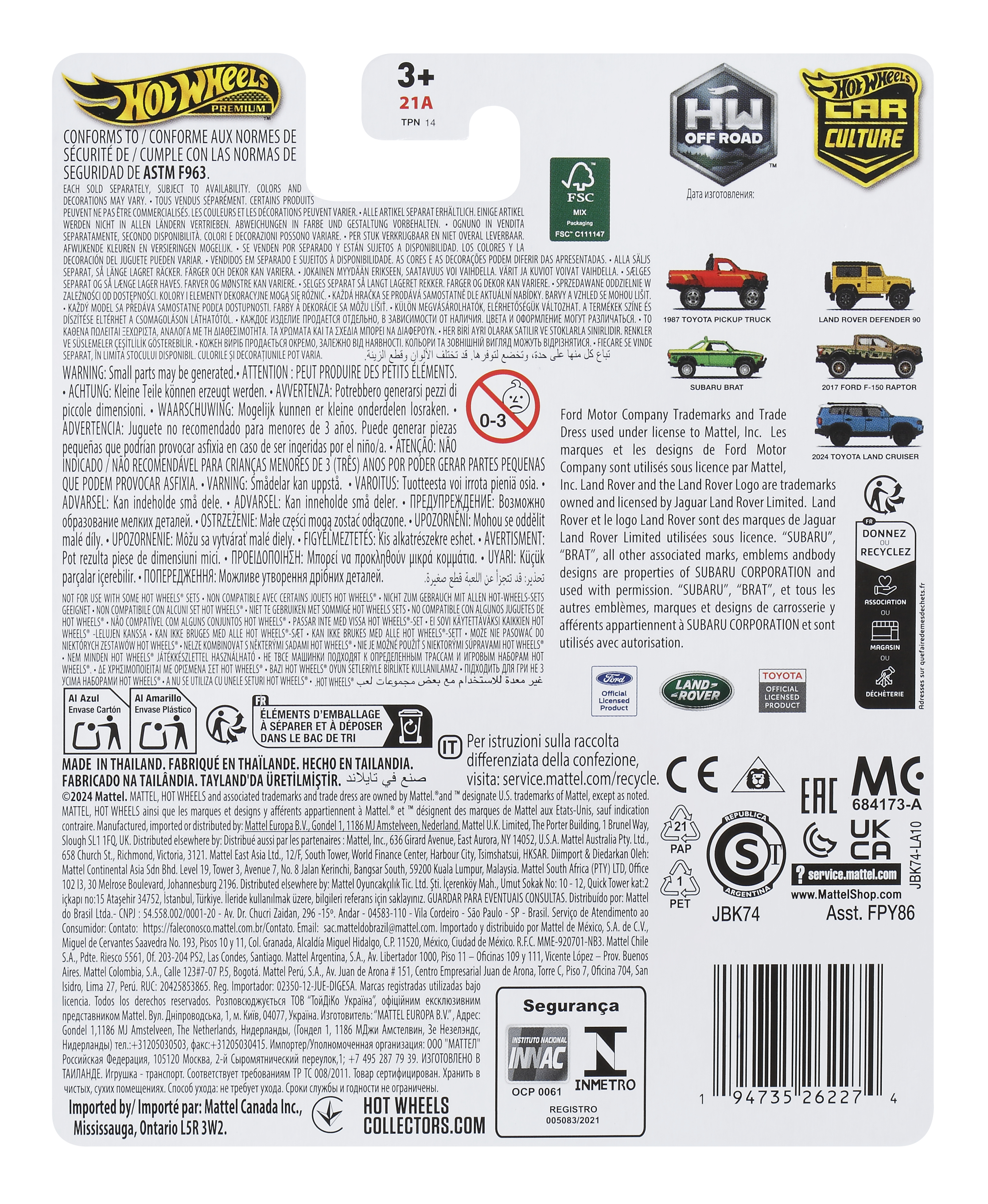 Tył pudełka z zabawkami z instrukcjami, zdjęciami samochodów i ostrzeżeniami.