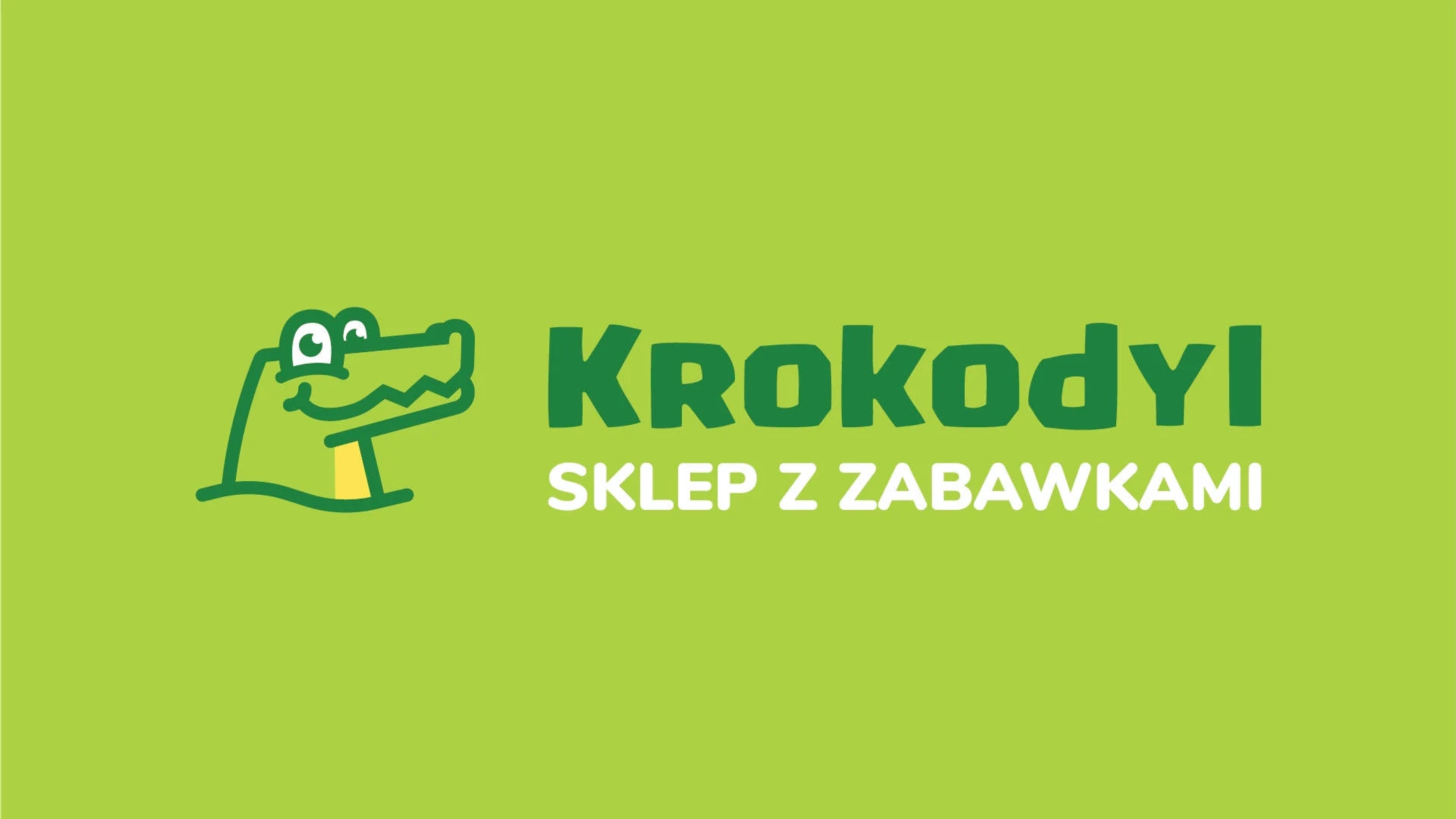 Zielone tło z logo sklepu z zabawkami przedstawiającym krokodyla.