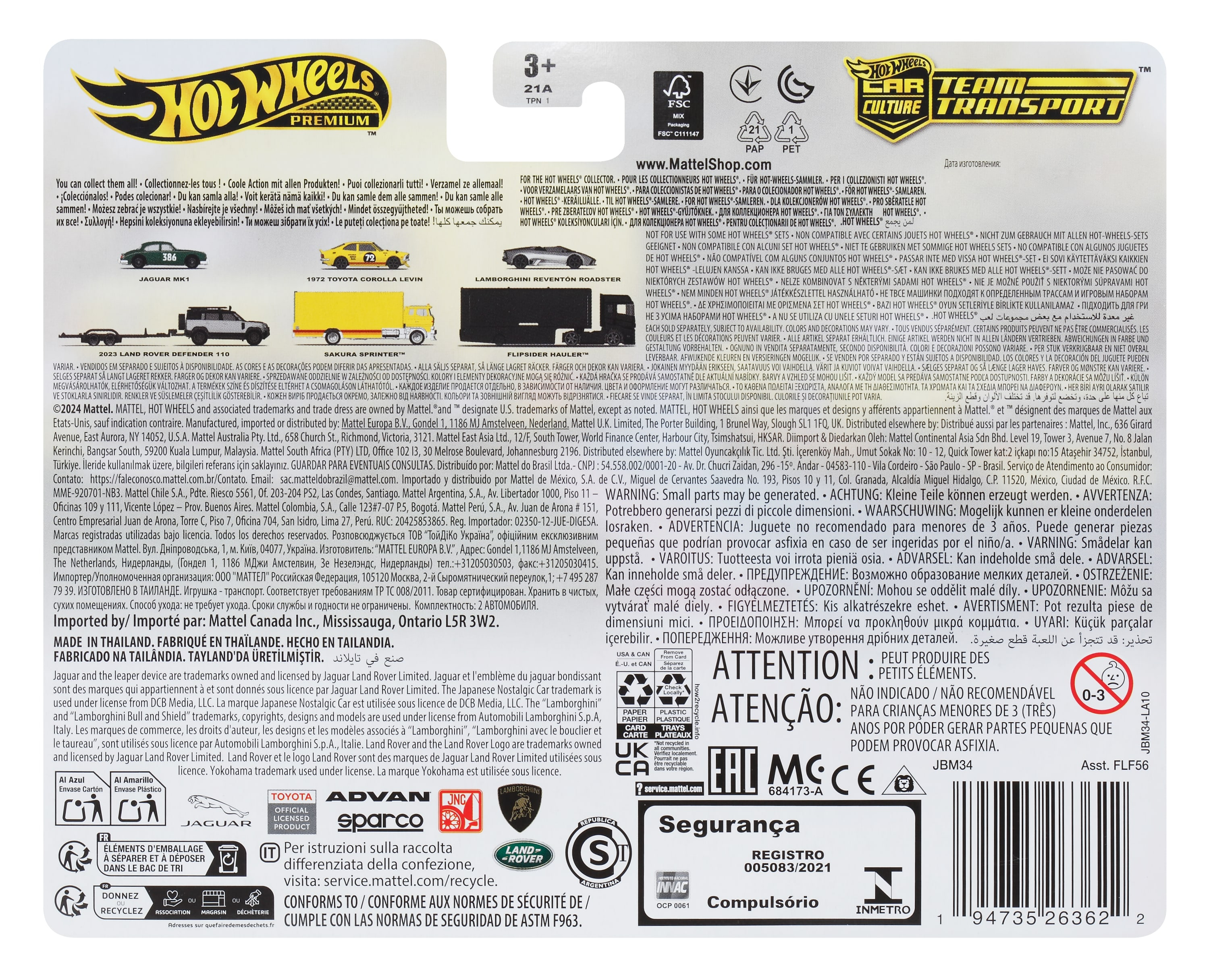 Tył opakowania samochodu Hot Wheels Team Transport z ilustracjami samochodów i informacjami o bezpieczeństwie.