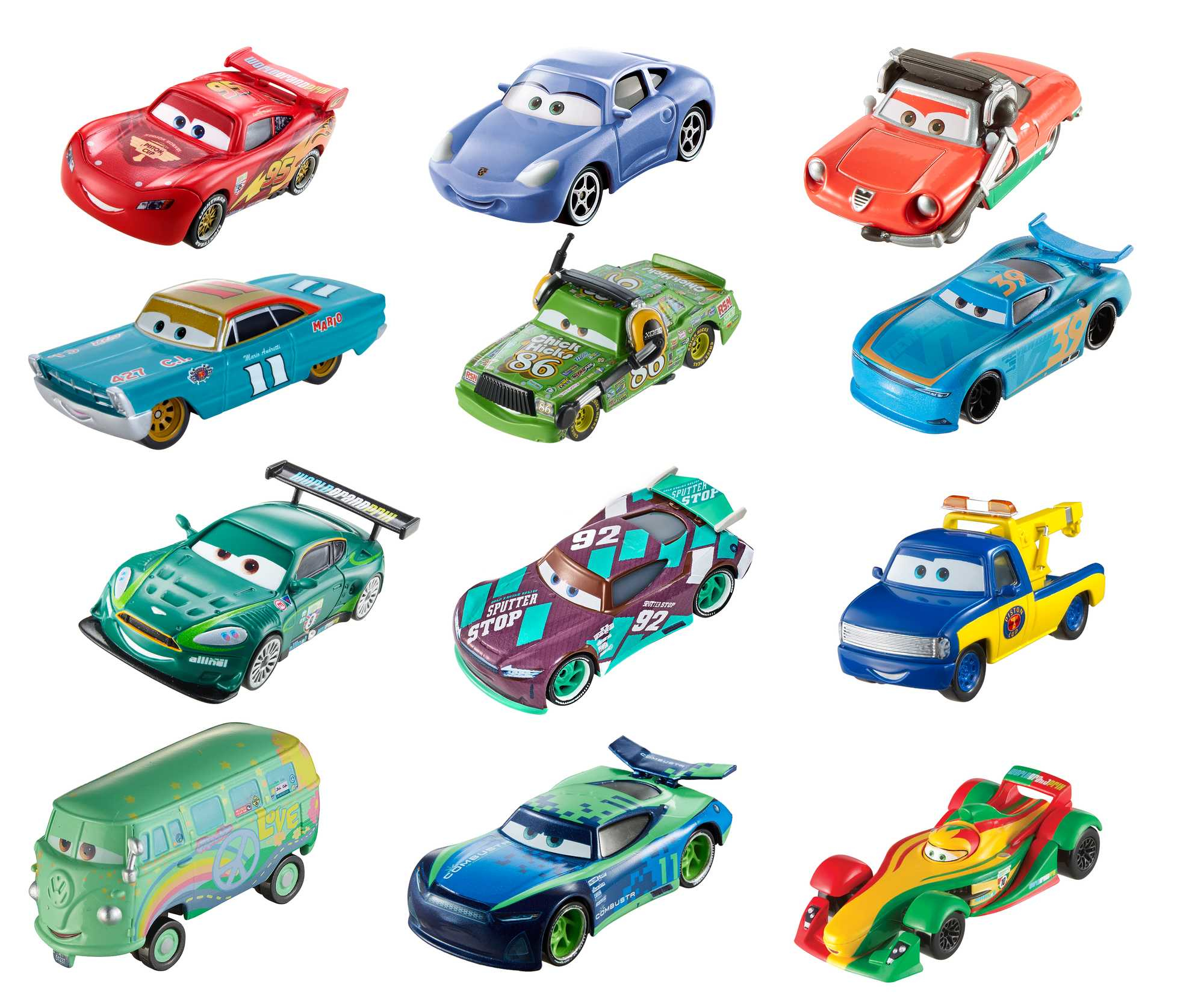 Sortiment an Spielzeugautos in verschiedenen Farben und Designs. Weißer Hintergrund.