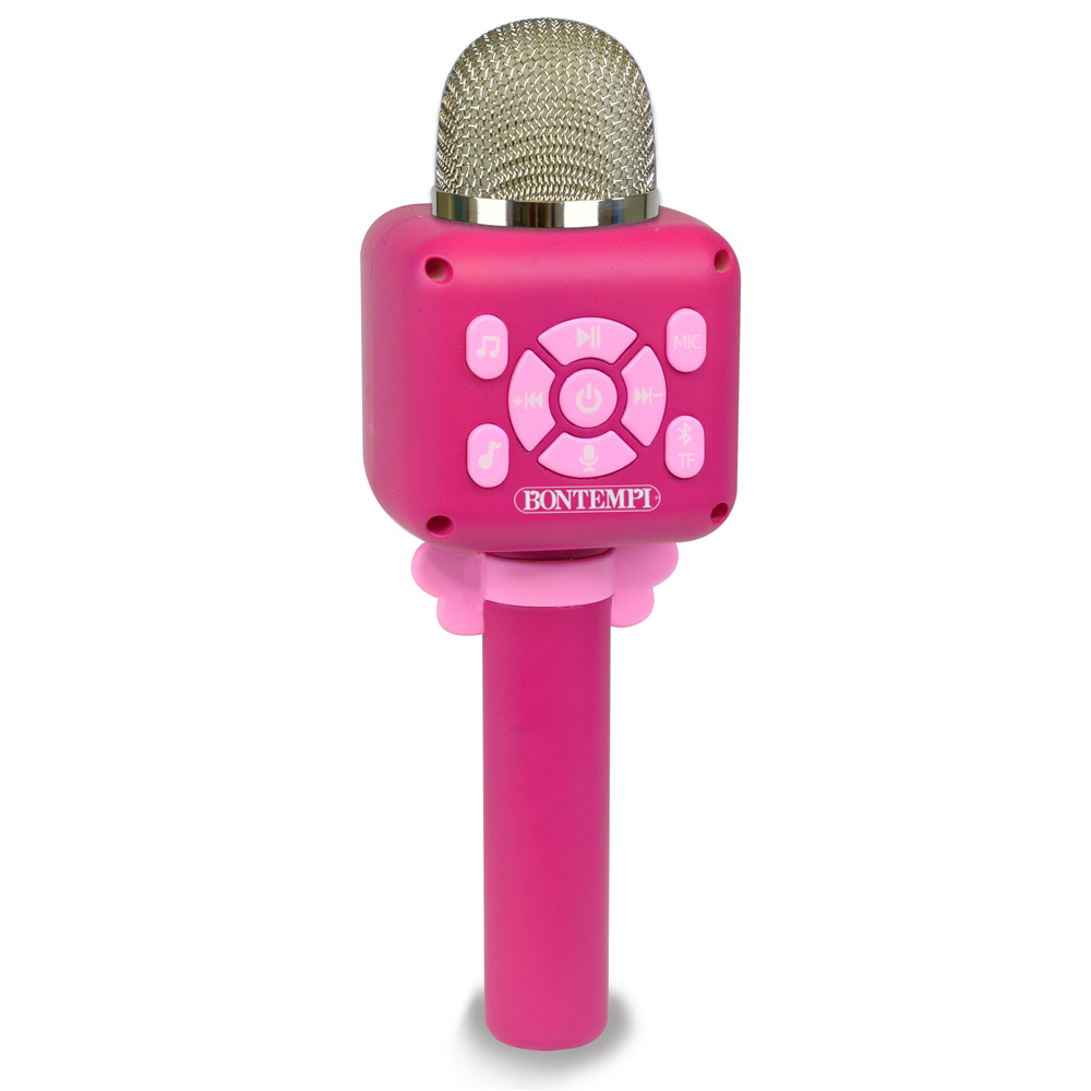 Ein rosa Mikrofon mit Knöpfen und einem Mesh-Top auf weißem Hintergrund.