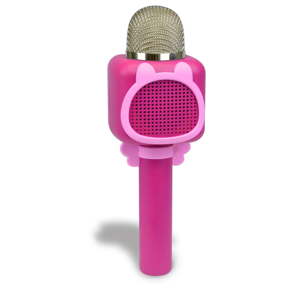 Rosa Spielzeugmikrofon mit Knöpfen, silbernem Kopf mit Cartoon-Design und rundem Griff.