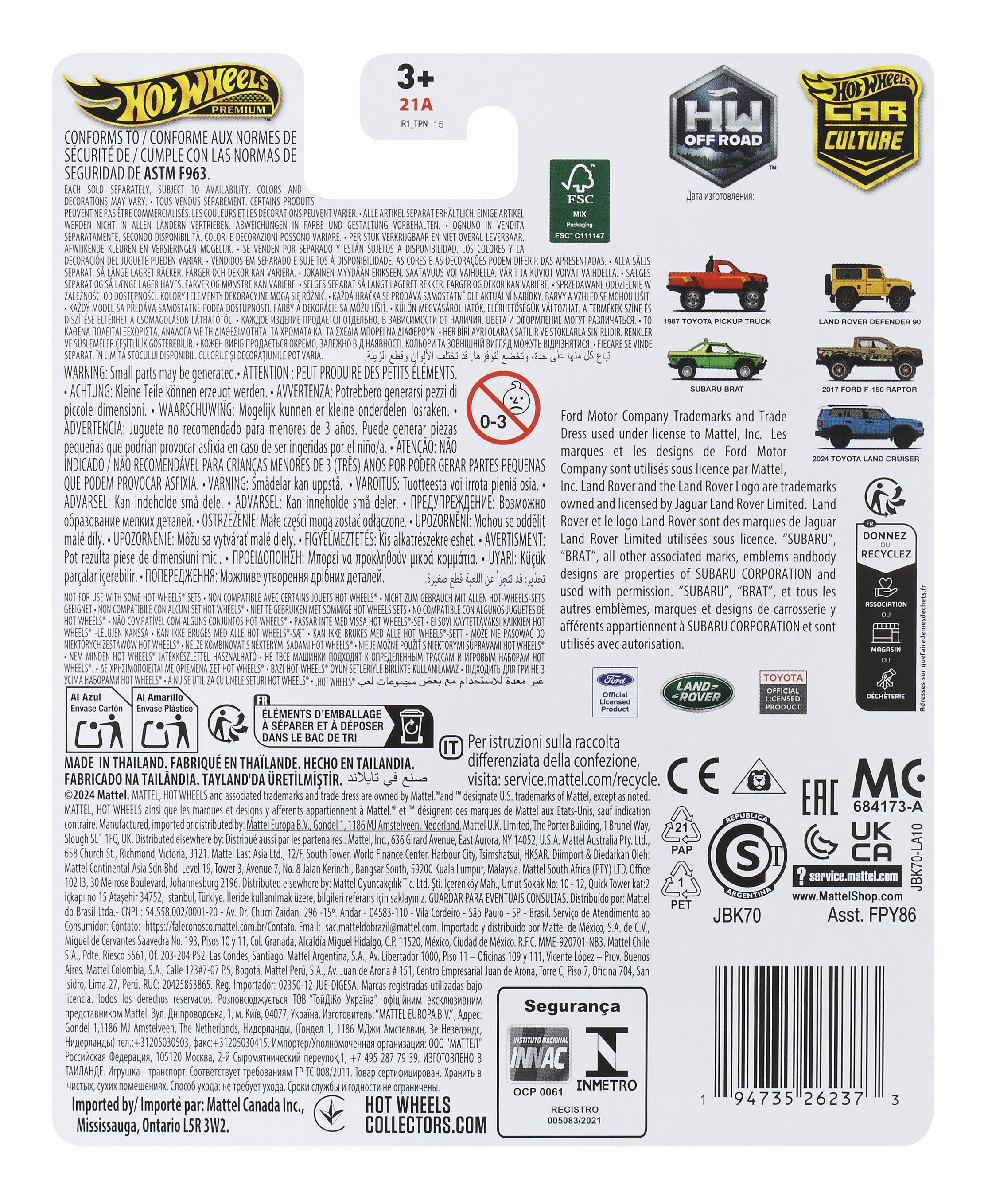 Rückseite einer Spielzeugauto-Verpackung mit Bildern verschiedener Spielzeugautos und Text. Weißer Hintergrund.