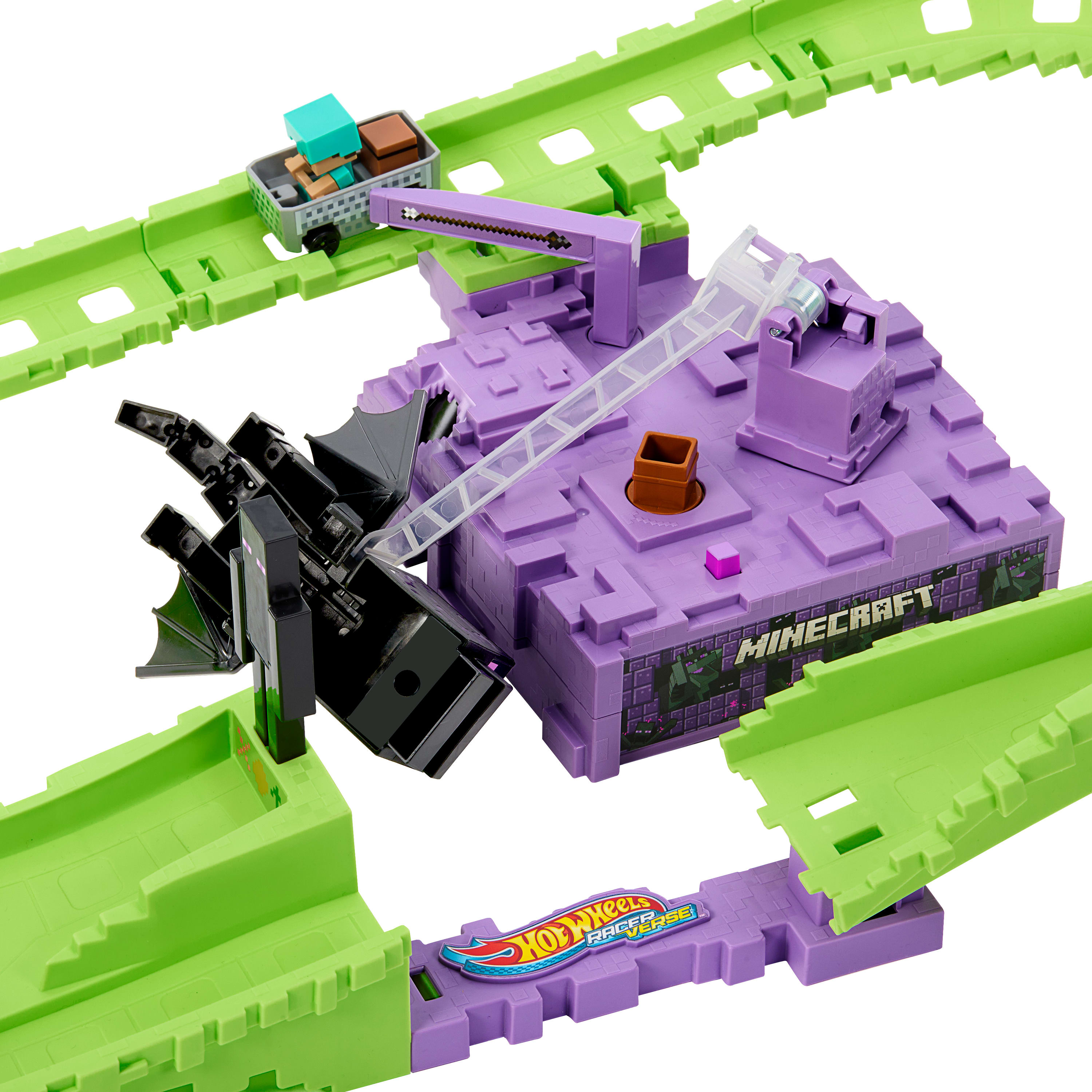 Set de pistas Minecraft Hot Wheels con pistas verdes, estructuras moradas y figura de dragón negro.