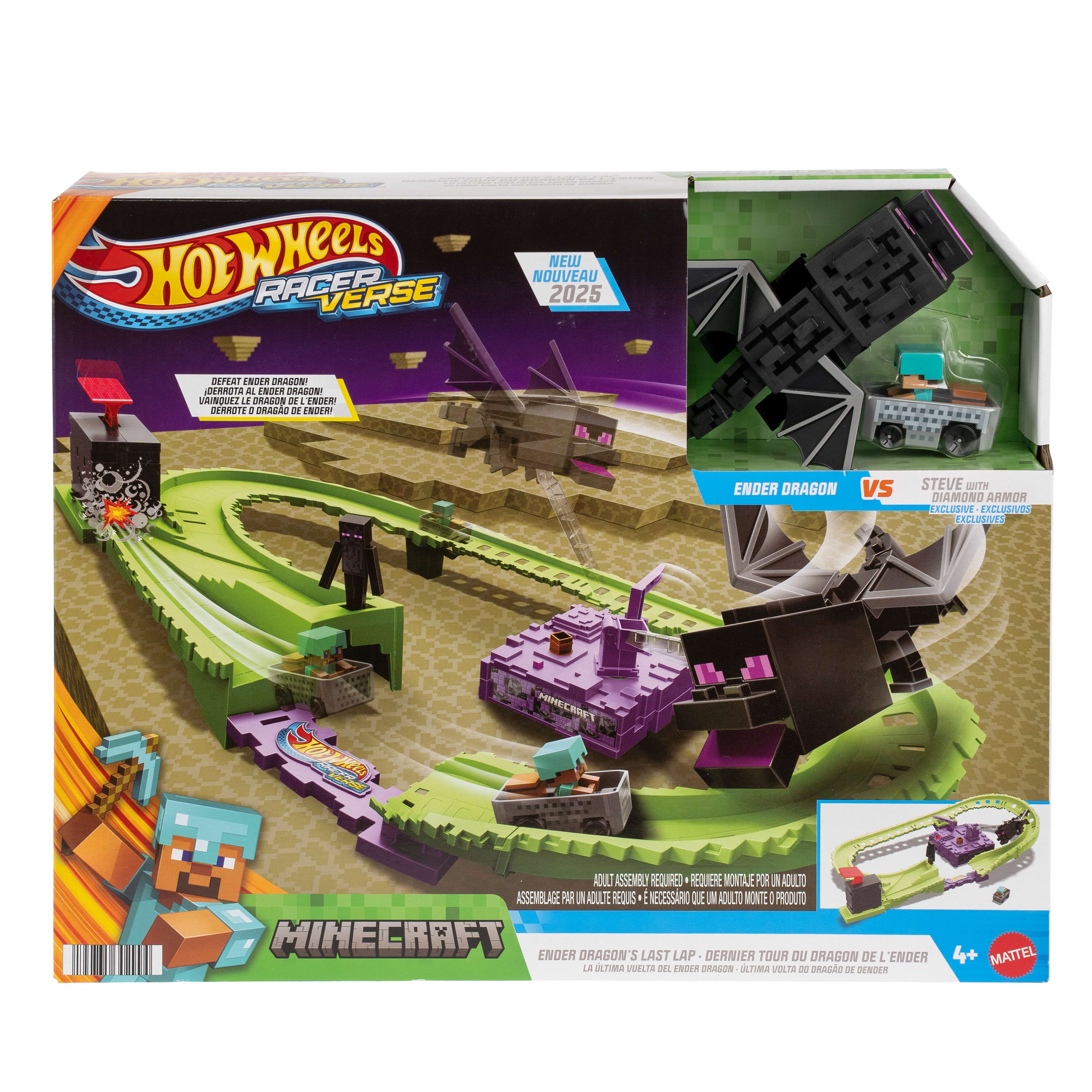 Caja del set de pistas Minecraft Hot Wheels. Presenta Enderman vs. Steve, pistas verdes y estructuras moradas.
