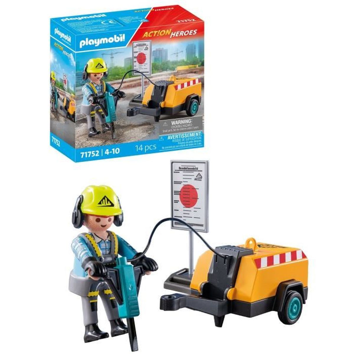 Eine Playmobil-Bauarbeiterfigur, die einen Presslufthammer neben einem Schild bedient.