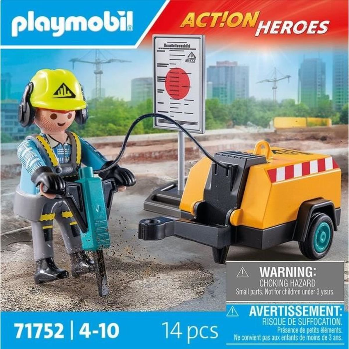 Playmobil-Bausatz mit einem Arbeiter, der einen Presslufthammer an einer gelben Maschine benutzt.