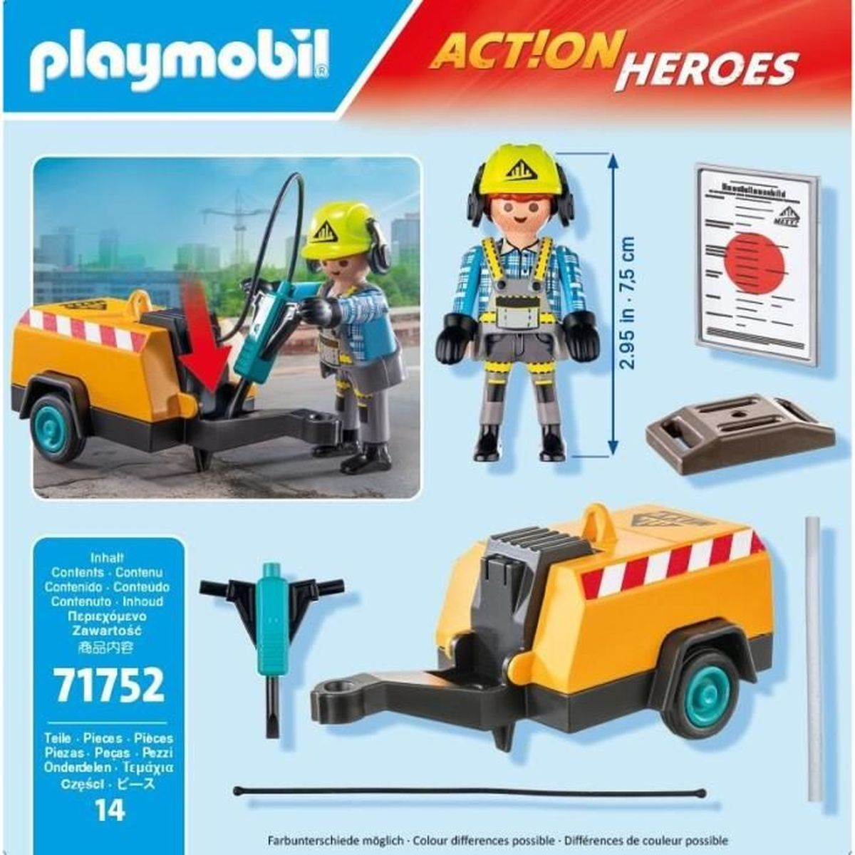 Playmobil-Bausatz mit Arbeiter, Presslufthammer, gelber Maschine und Zubehör, auf einer Box.