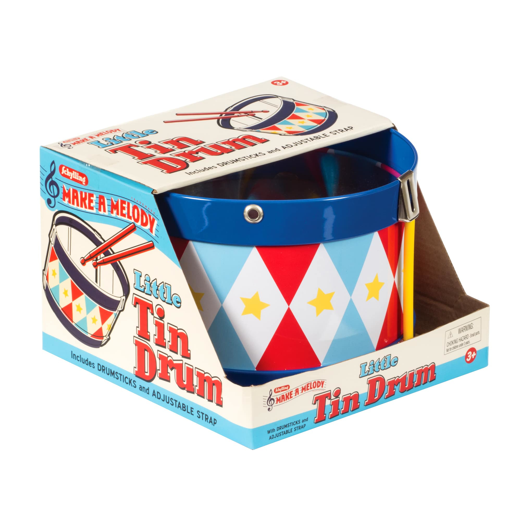 Eine Spielzeugtrommel in einer Schachtel mit einem blauen, roten und gelben geometrischen Muster.