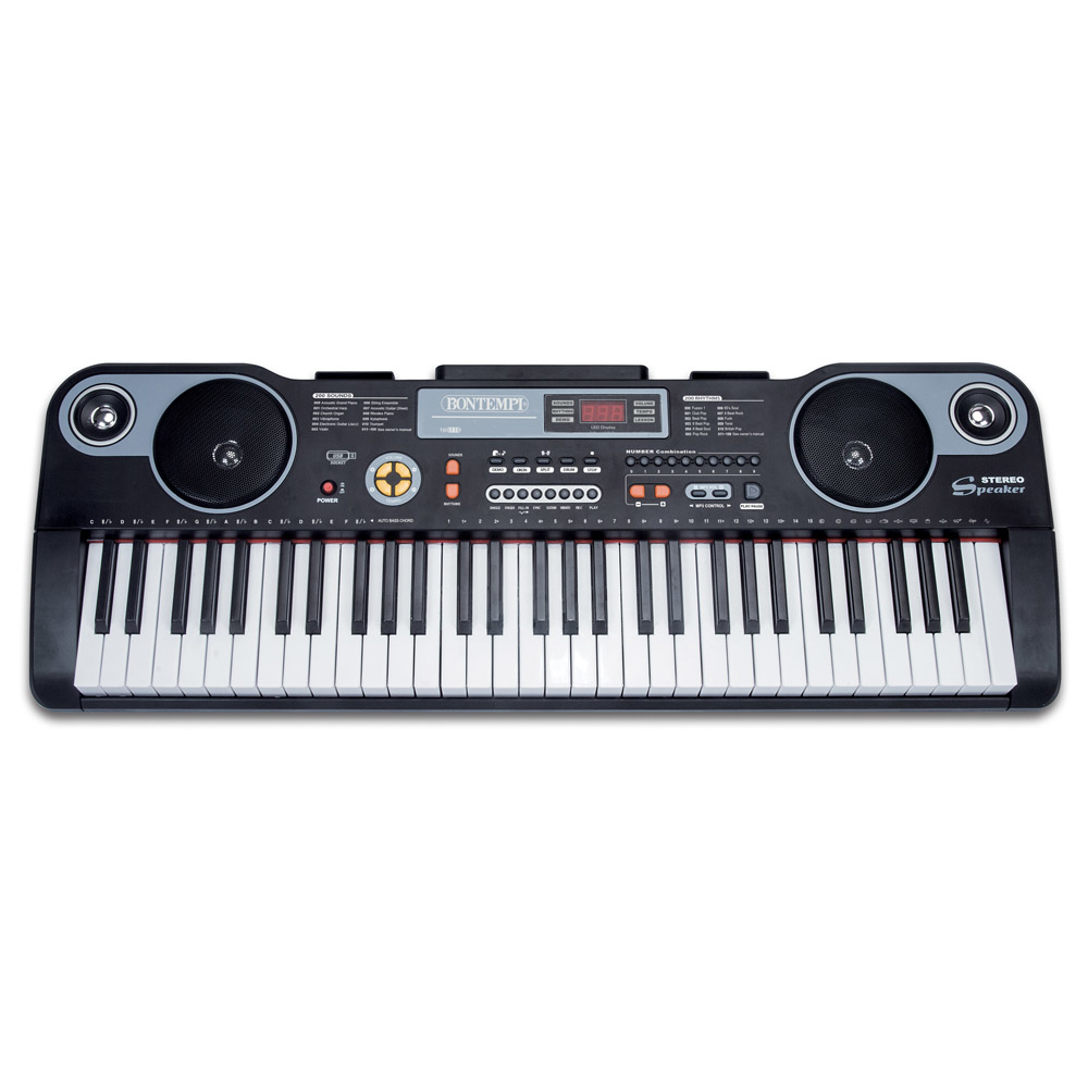 Eine schwarze Spielzeug-Keyboard mit weißen Tasten, Lautsprechern, Notenständer, Knöpfen und Display.