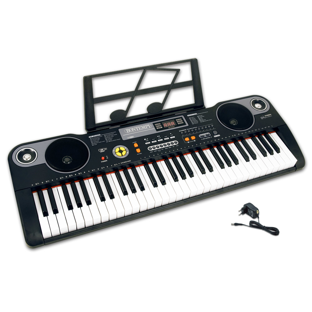 Eine schwarze Spielzeug-Keyboard mit weißen Tasten, Lautsprechern und einem Notenständer. Es hat einen LCD-Bildschirm.
