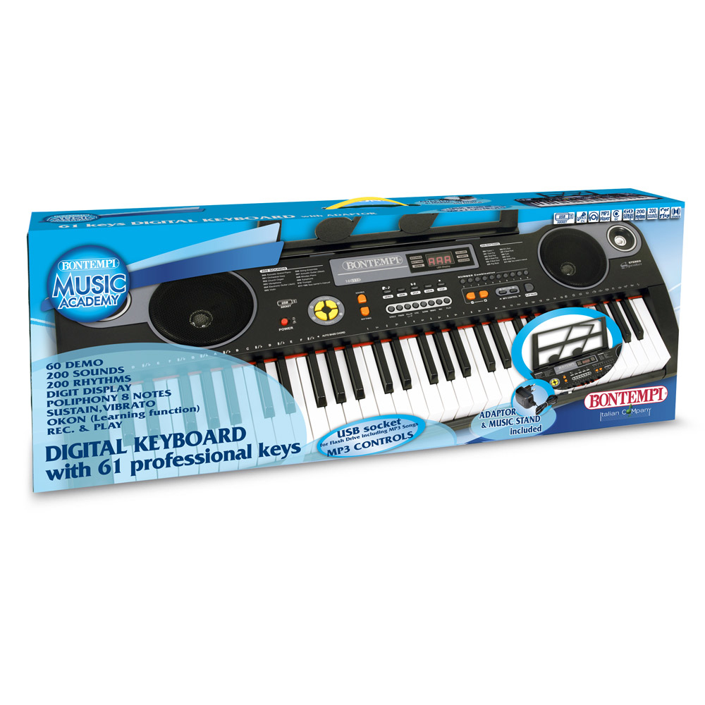 Eine Keyboard-Box mit schwarzem Keyboard, Lautsprechern und einem Notenständer. Es steht Digital Keyboard drauf.