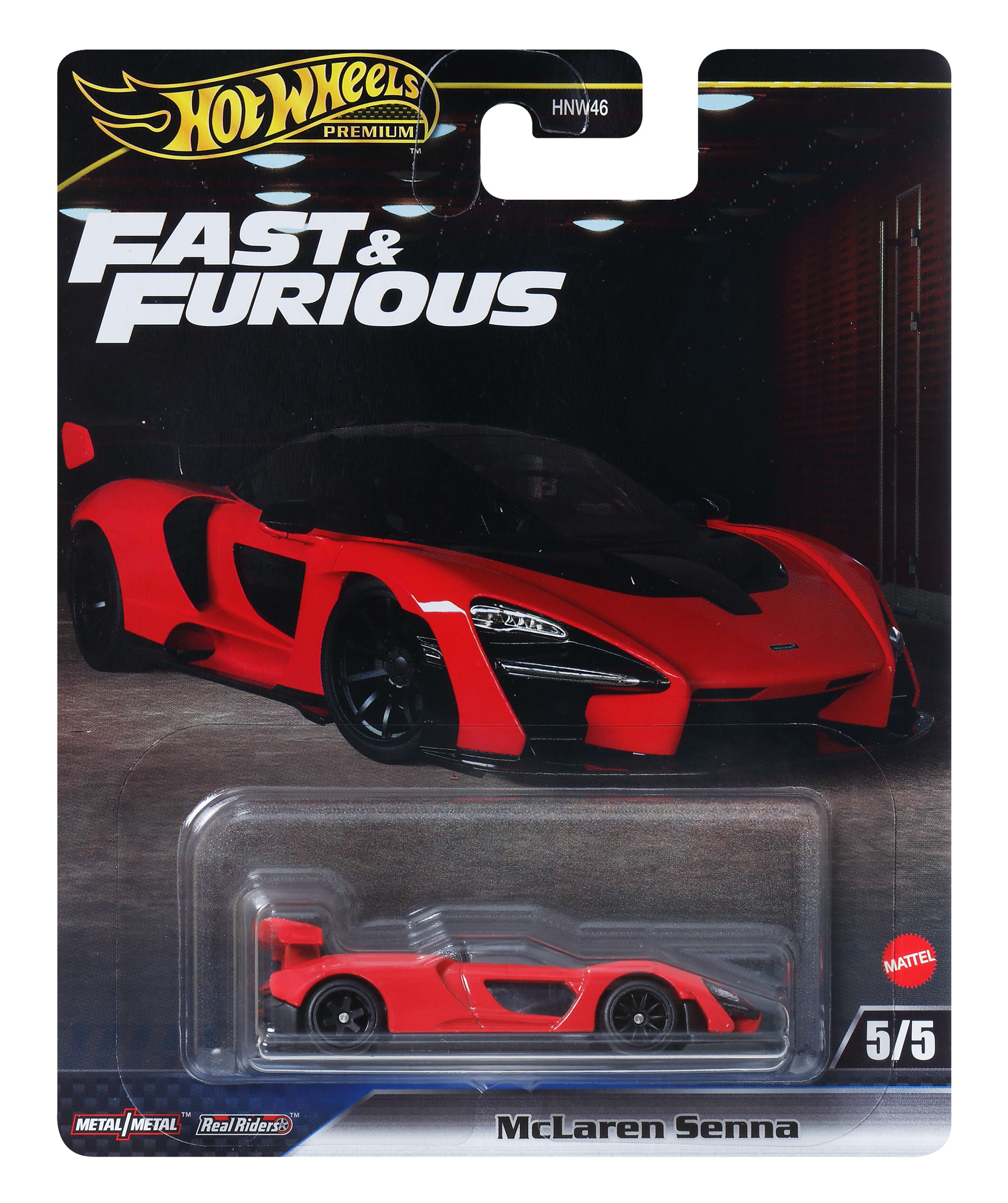 Eine Spielzeugverpackung für einen McLaren Senna aus der Fast & Furious-Serie. Es ist ein Hot Wheels-Produkt.