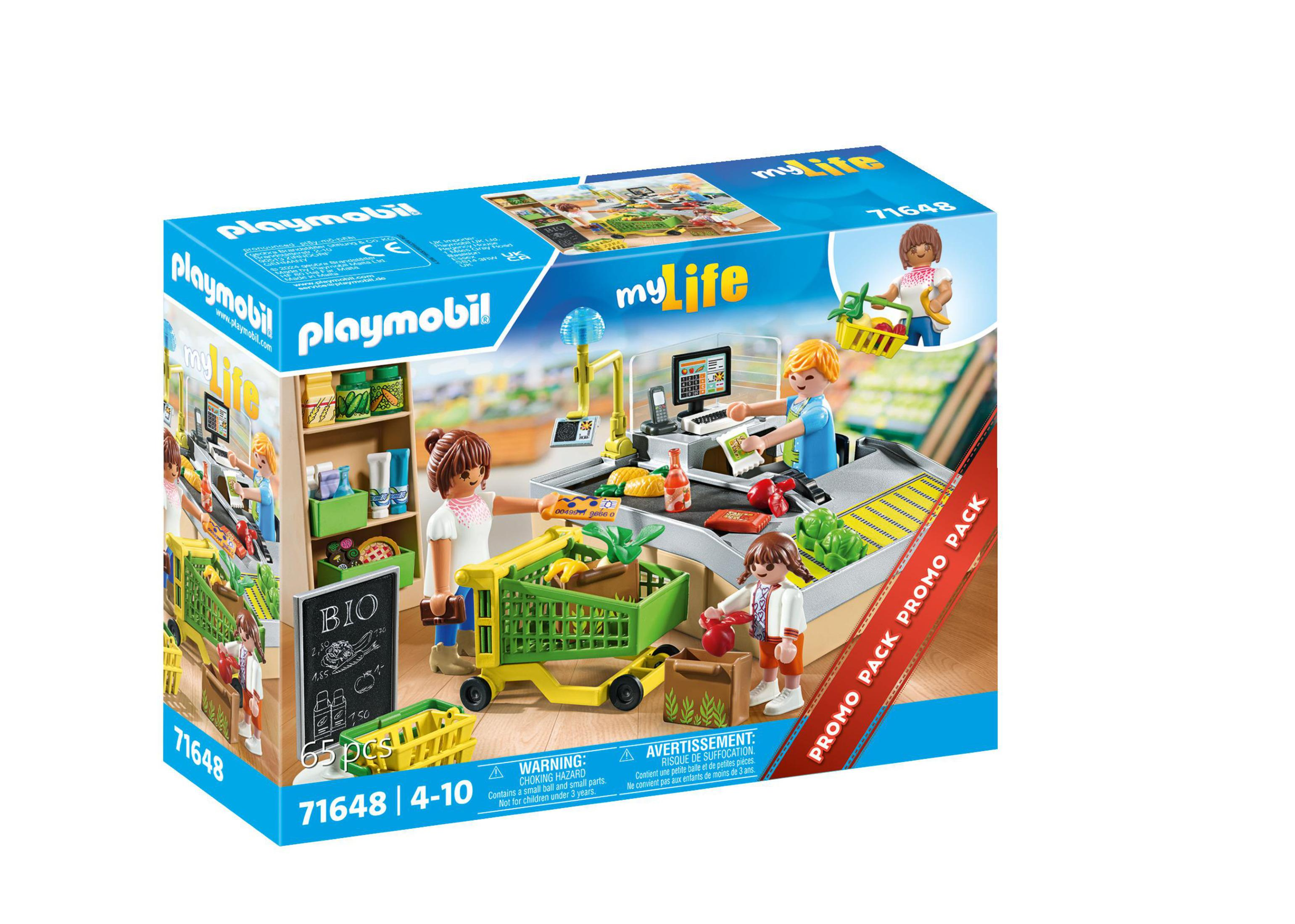Eine Playmobil-Spielzeug-Set-Box, die eine Supermarktszene mit Figuren und Lebensmitteln darstellt, isoliert auf Weiß.