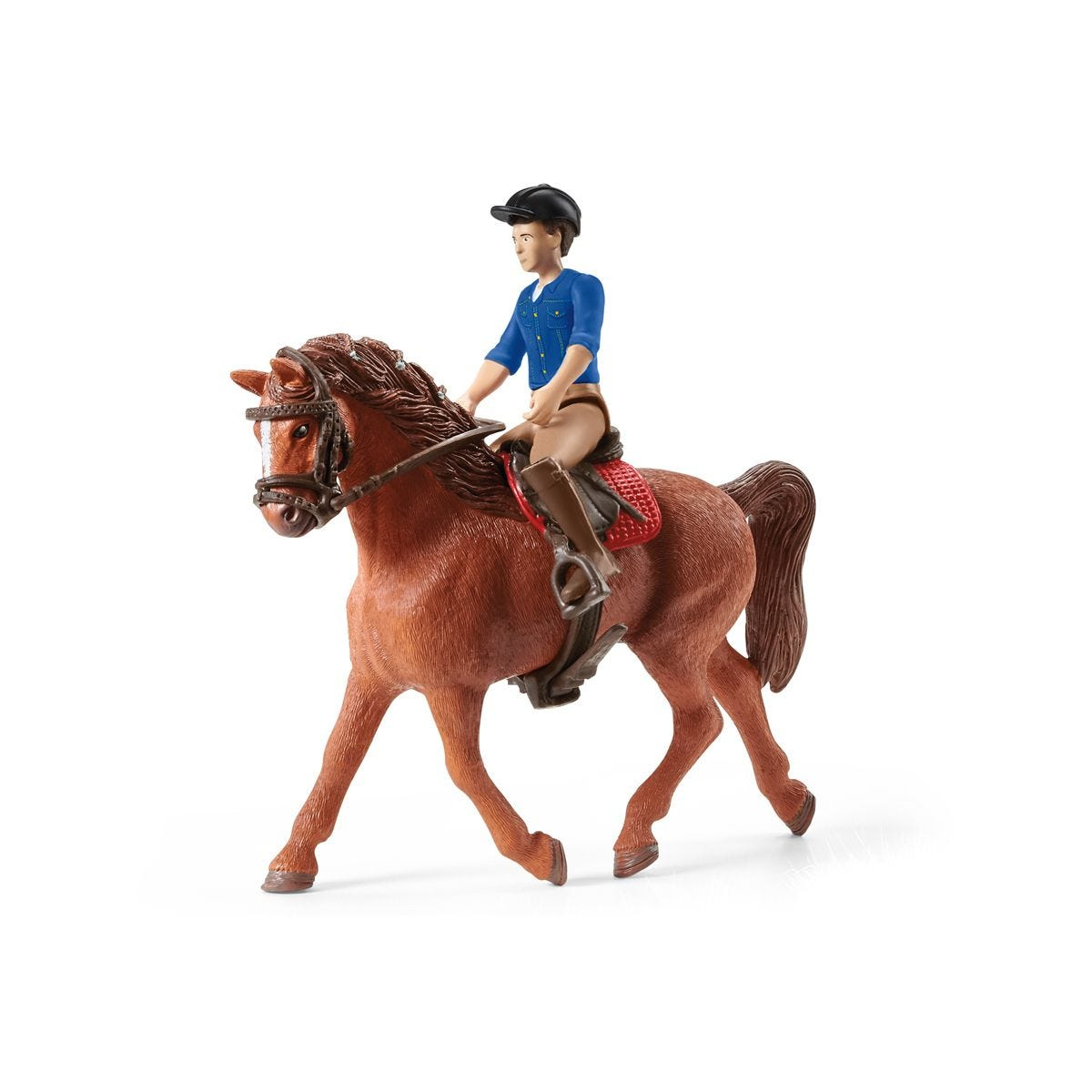 Un cavallo giocattolo con un cavaliere. Il cavallo è marrone e il cavaliere indossa una camicia blu.