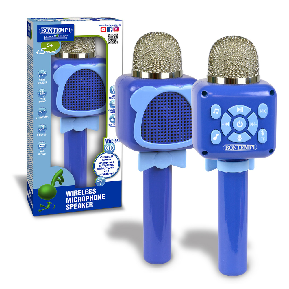 Zwei blaue, kabellose Mikrofonlautsprecher, einer davon in der Box.