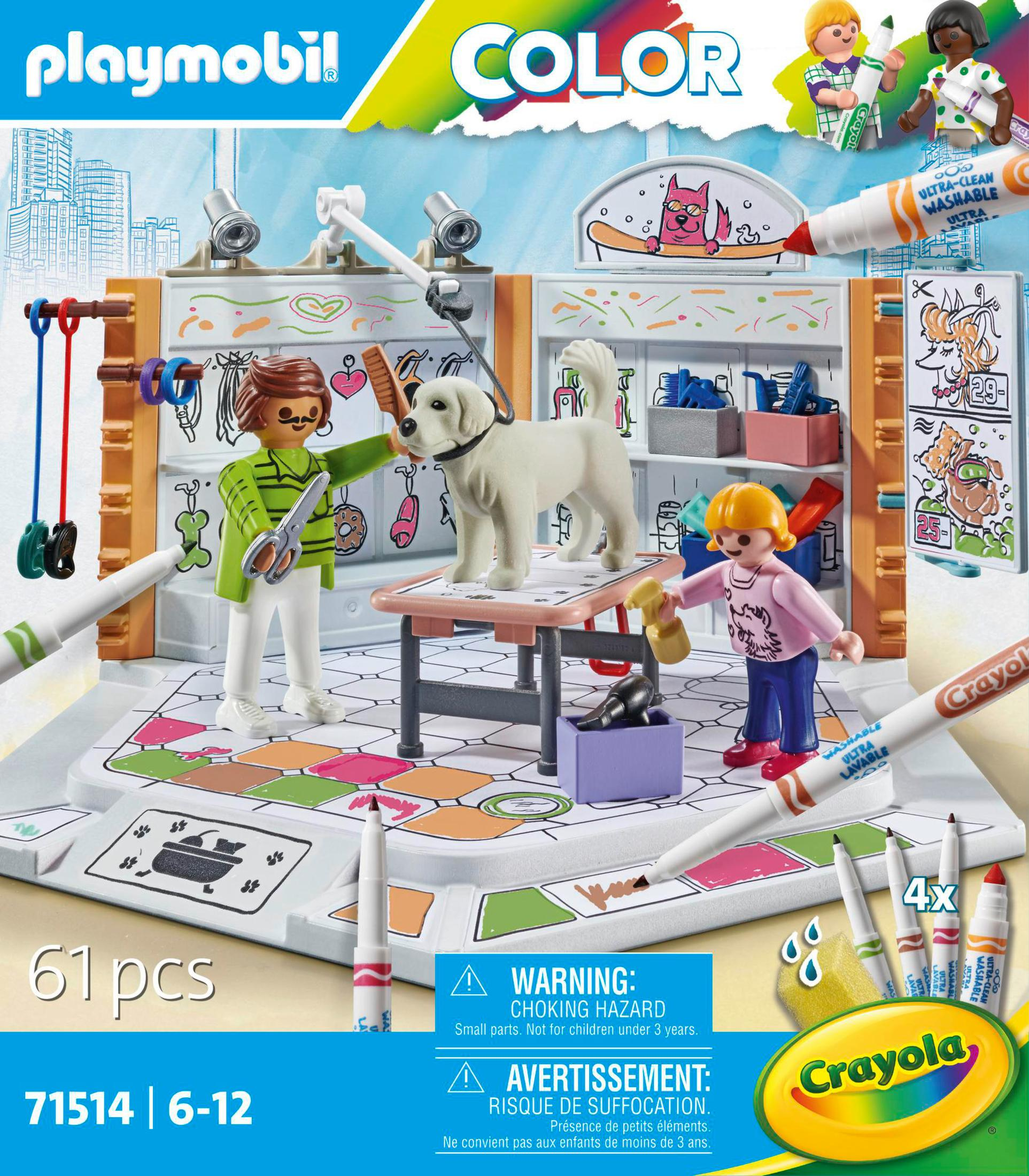 Zestaw Playmobil z figurkami, psem i materiałami artystycznymi w otoczeniu pokoju.