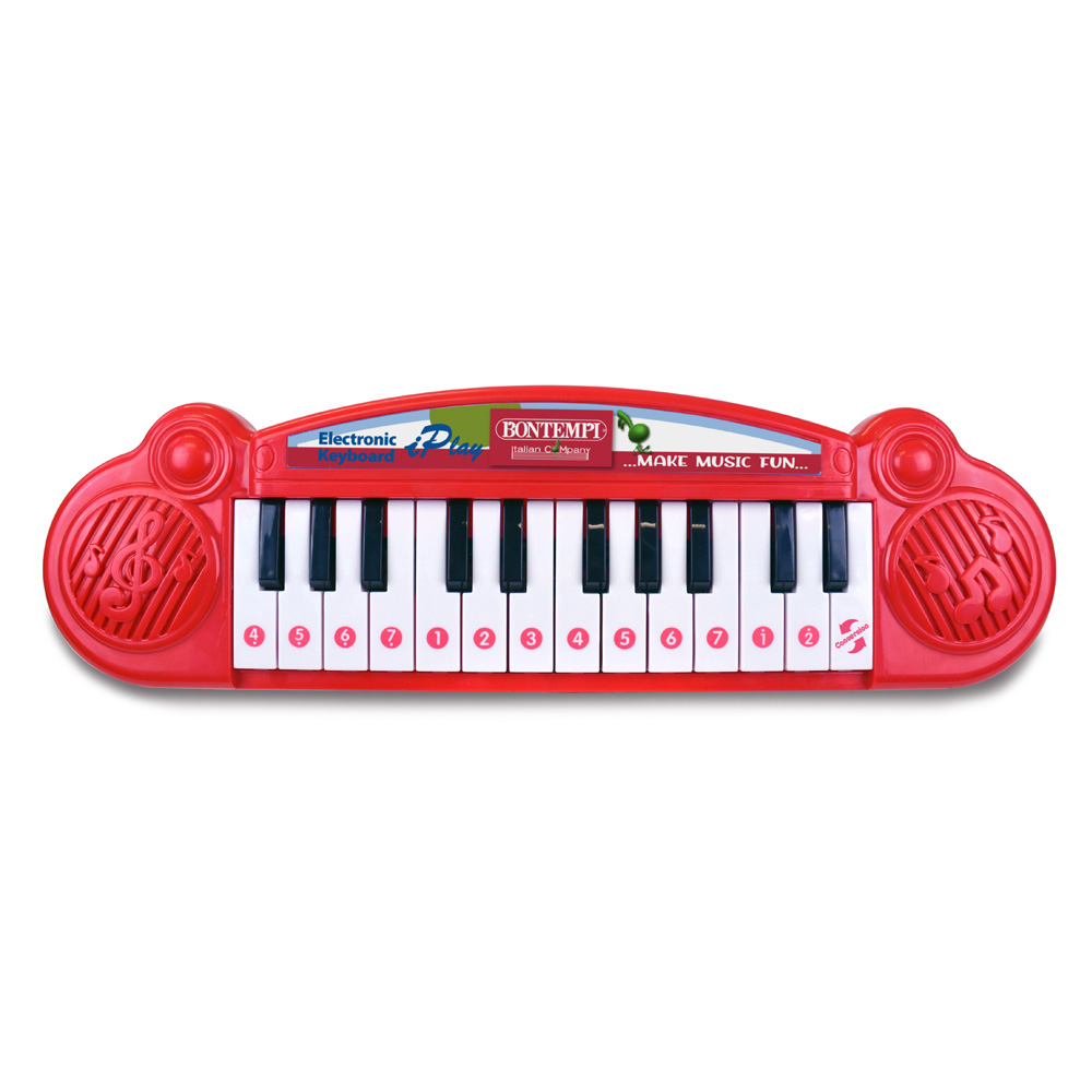 Teclado de juguete rojo con teclas blancas. Cuenta con altavoces y teclas etiquetadas. Fondo blanco.