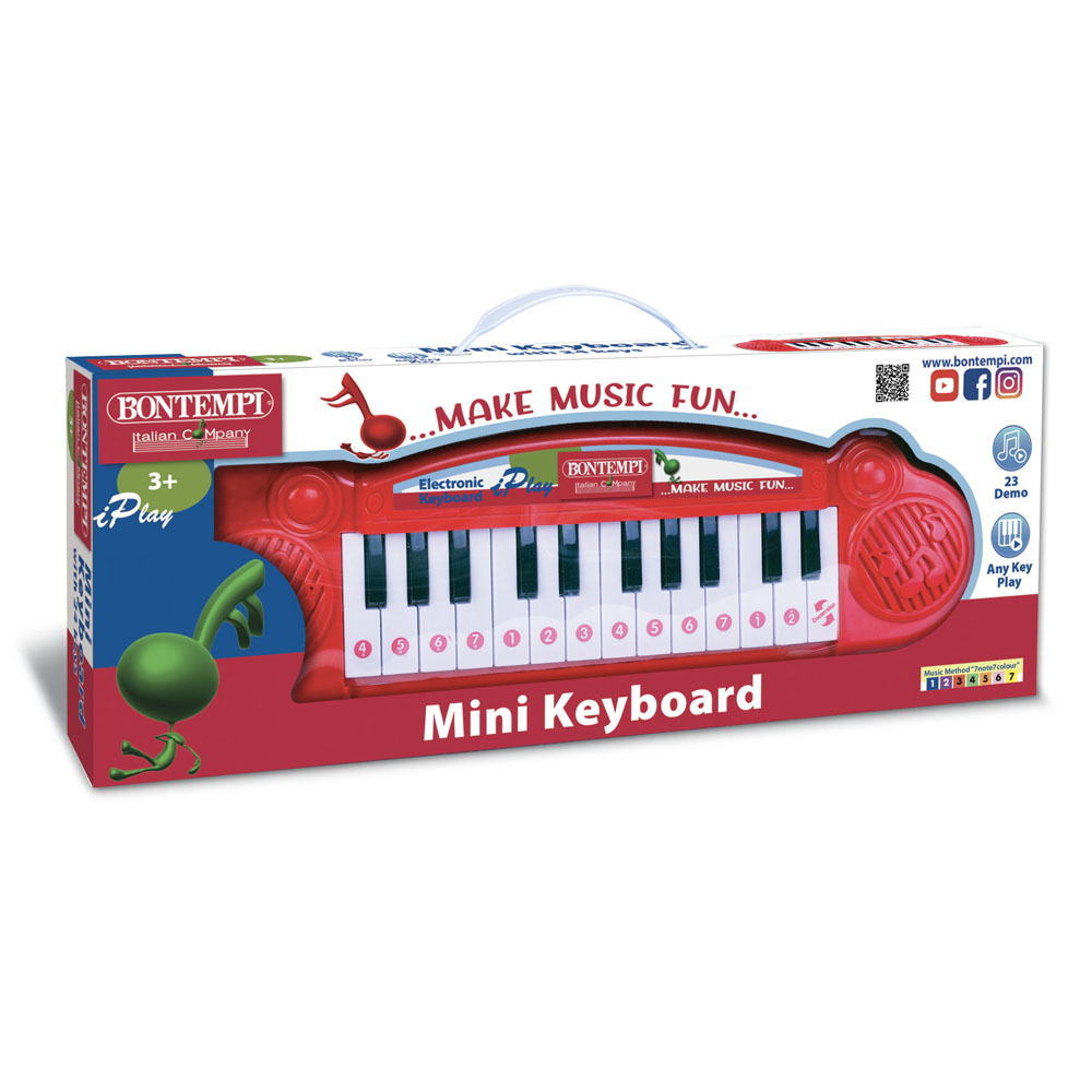 Un teclado mini rojo de juguete con teclas blancas, en una caja con gráficos.