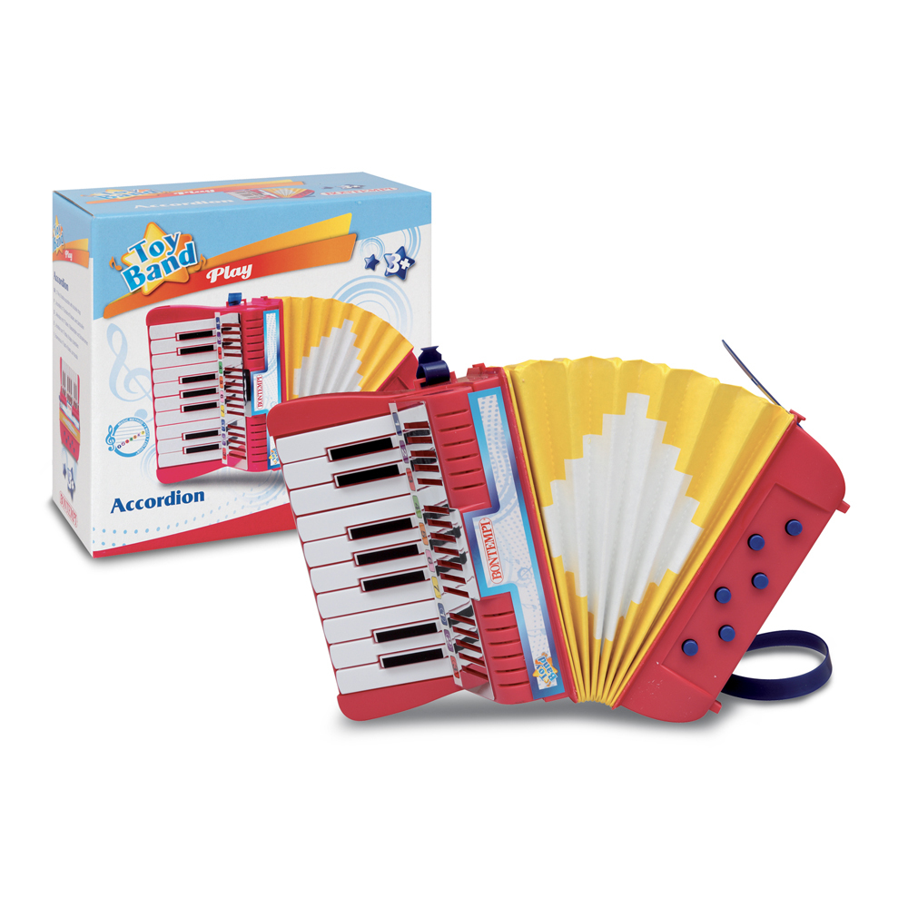 Verpacktes rotes und gelbes Spielzeugakkordeon. Akkordeon ist angewinkelt und teilweise aus der Box. Weißer Hintergrund.