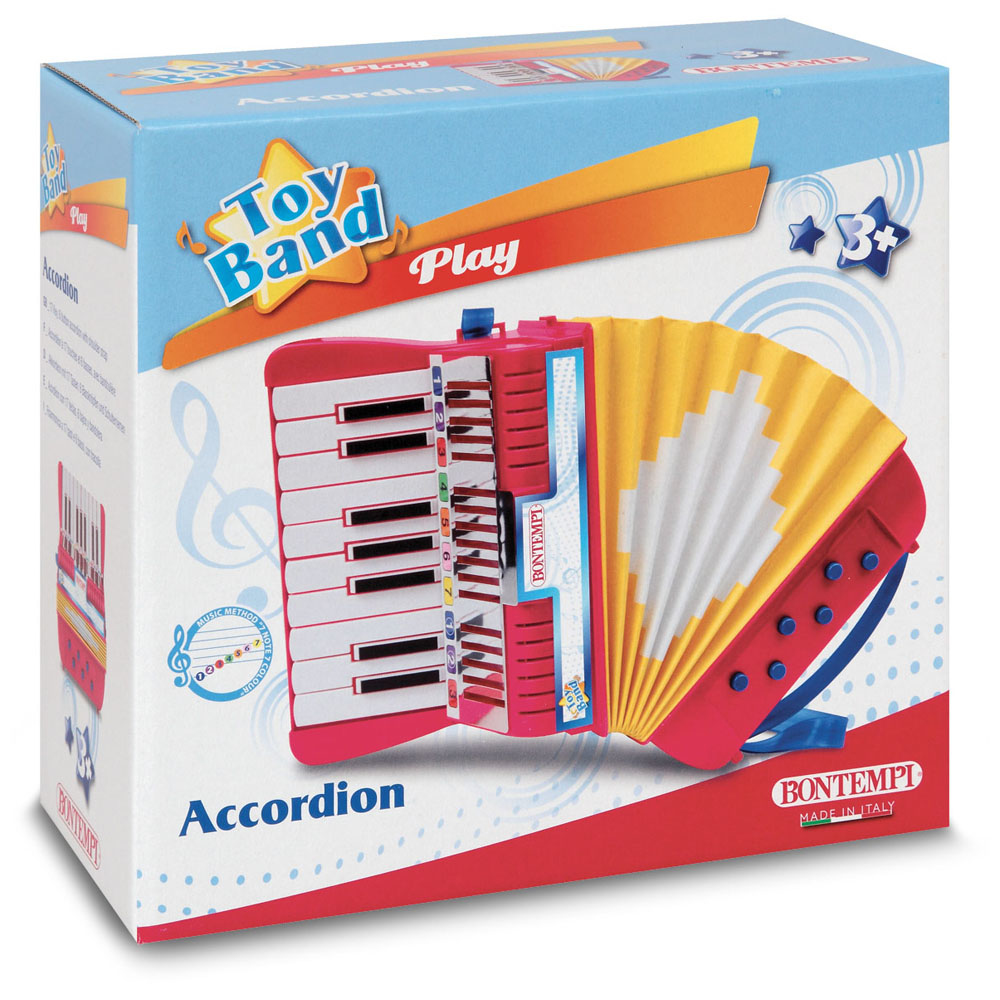 Ein Spielzeug-Akkordeon in einer Box mit rotem und gelbem Design. Es hat eine Tastatur auf der Vorderseite.