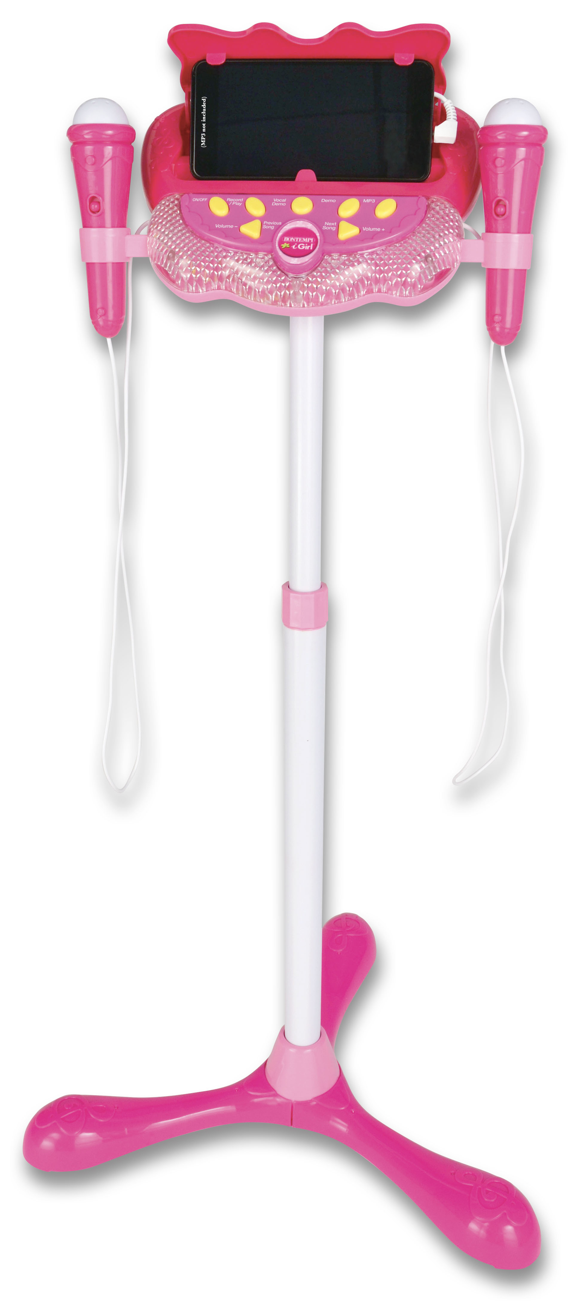 Rosa Karaoke-Ständer mit zwei Mikrofonen, Telefonhalter und rosa Basis.